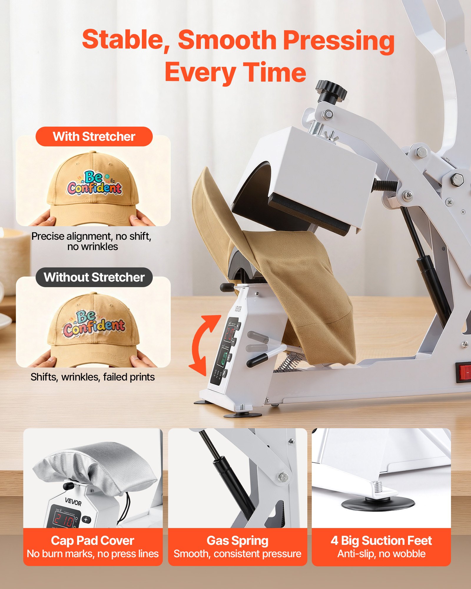 VEVOR Hat Heat Press Machine, 215 x 100 mm Large Heating Plate, with Caps Stretcher, Precise Temperature & Time Control, Heat Press for Hats and Caps, for HTV Iron On and Sublimation Projects, White