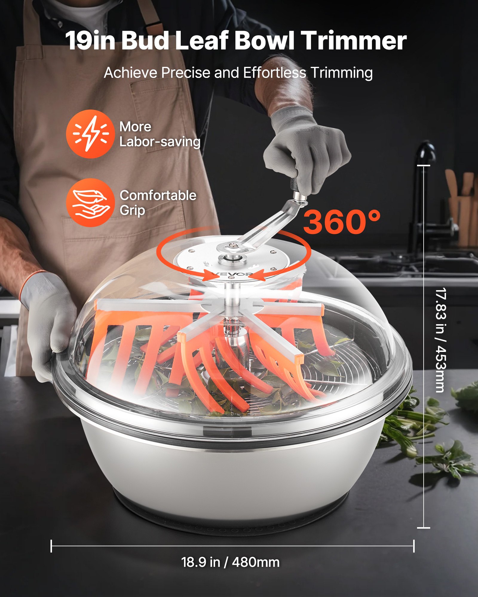 VEVOR Bud Leaf Bowl Trimmer, 490 mm Manual Bud Trimmer, with Sharp Stainless Steel Blades, Visual Cutting, Wet & Dry Hydroponic Cutting Machine, Twisted Spin Cut for Plants Leaves Buds Flowers