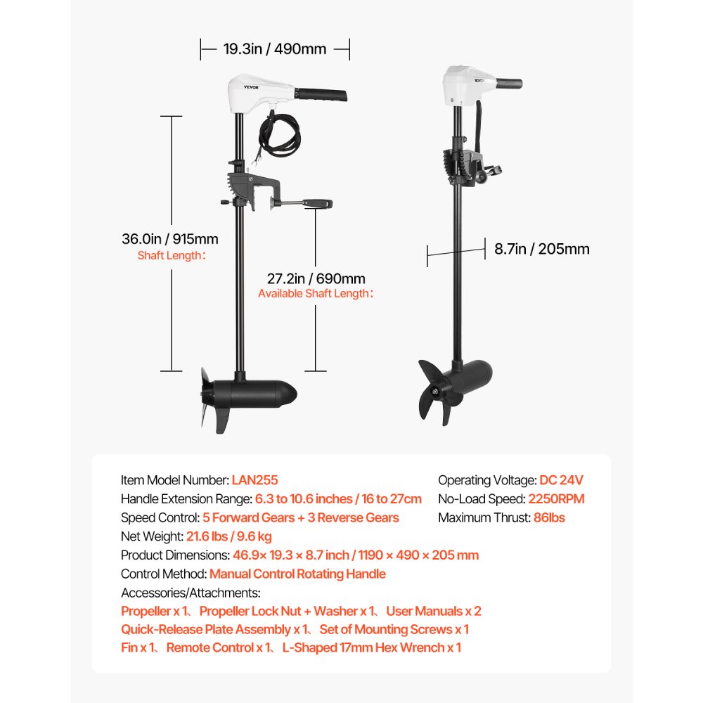 VEVOR Elektro Außenborder, Bootsmotor Heckmontage, 24 V, 39 kg Schub, 8 Gang Elektrischer Trolling Motor mit Batterieanzeige, für Kajaks, Fischerboote auf Süß-/Salzwasser, 915 mm Welle