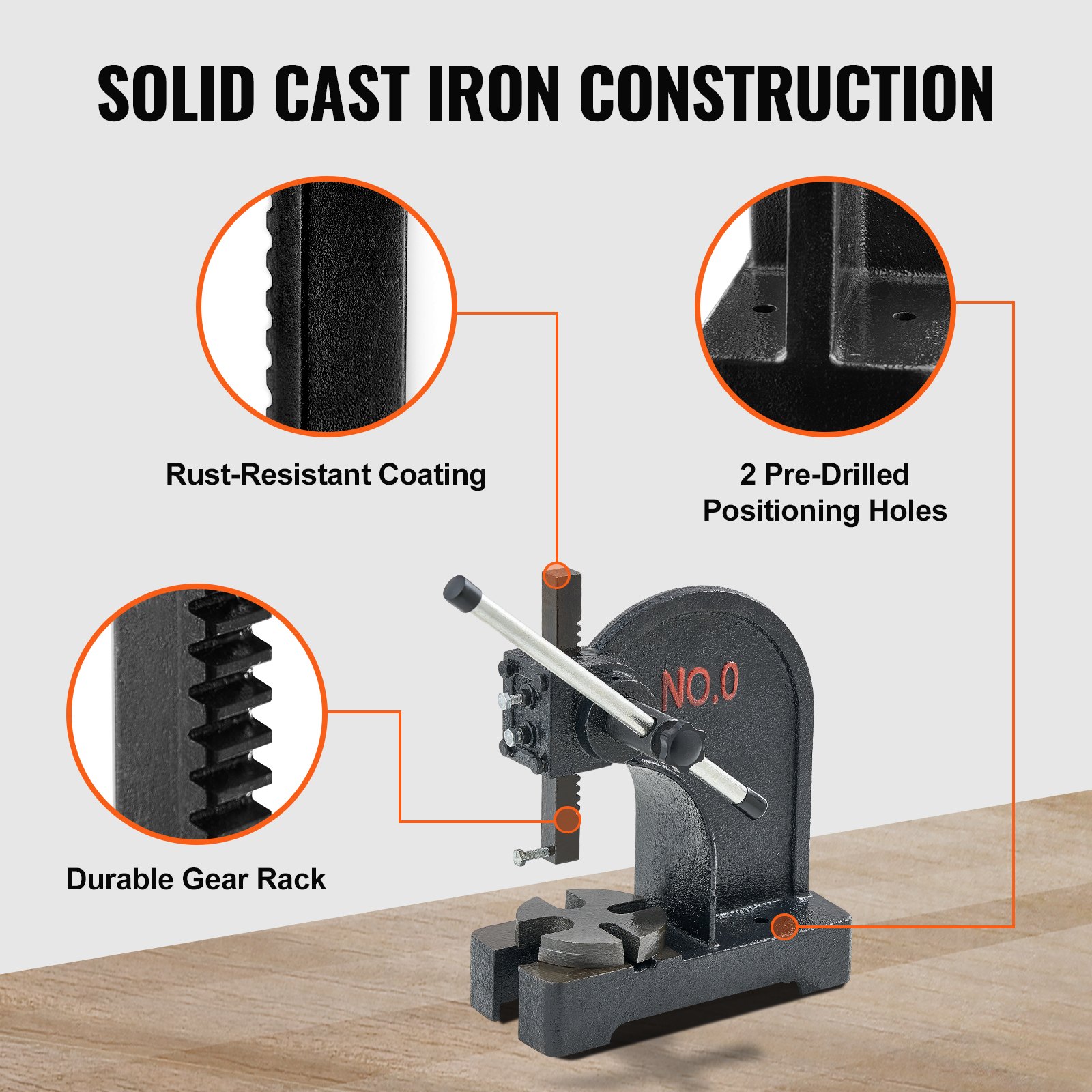 VEVOR Mandrel Press, 500 kg Hand Lever Press, Manual Mandrel Press Precision Hand Press, 119 mm Maximum Height, Manual Desktop Cast Iron Punching Press, for Punching, Bending, Stretching, Forming