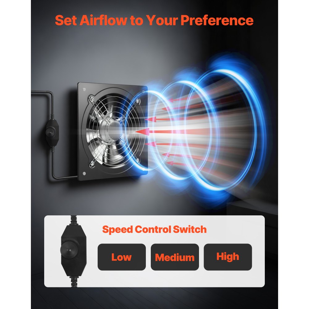 VEVOR 25.4 cm Exhaust Fan, 988 CFM High Velocity Wall Mount Vent Fan with Speed Control, Low Consumption, Portable Ventilation Extractor for Attic,Garage,Basement,Workshop,Kitchen, Chicken Coop,Black