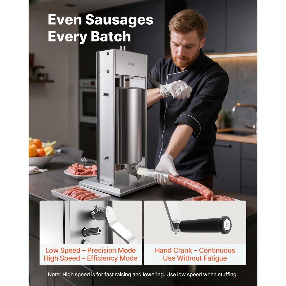 VEVOR Manueller Wurstfüller 15 L, Vertikale Wurstfüllmaschine mit 2 Geschwindigkeiten (Schnell/Langsam) & 5 Füllrohren & Griff, Fleischfüller aus Edelstahl für Gewerblichen & Privaten Gebrauch