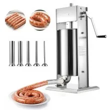 VEVOR Manueller Wurstfüller 15 L, Vertikale Wurstfüllmaschine mit 2 Geschwindigkeiten (Schnell/Langsam) & 5 Füllrohren & Griff, Fleischfüller aus Edelstahl für Gewerblichen & Privaten Gebrauch