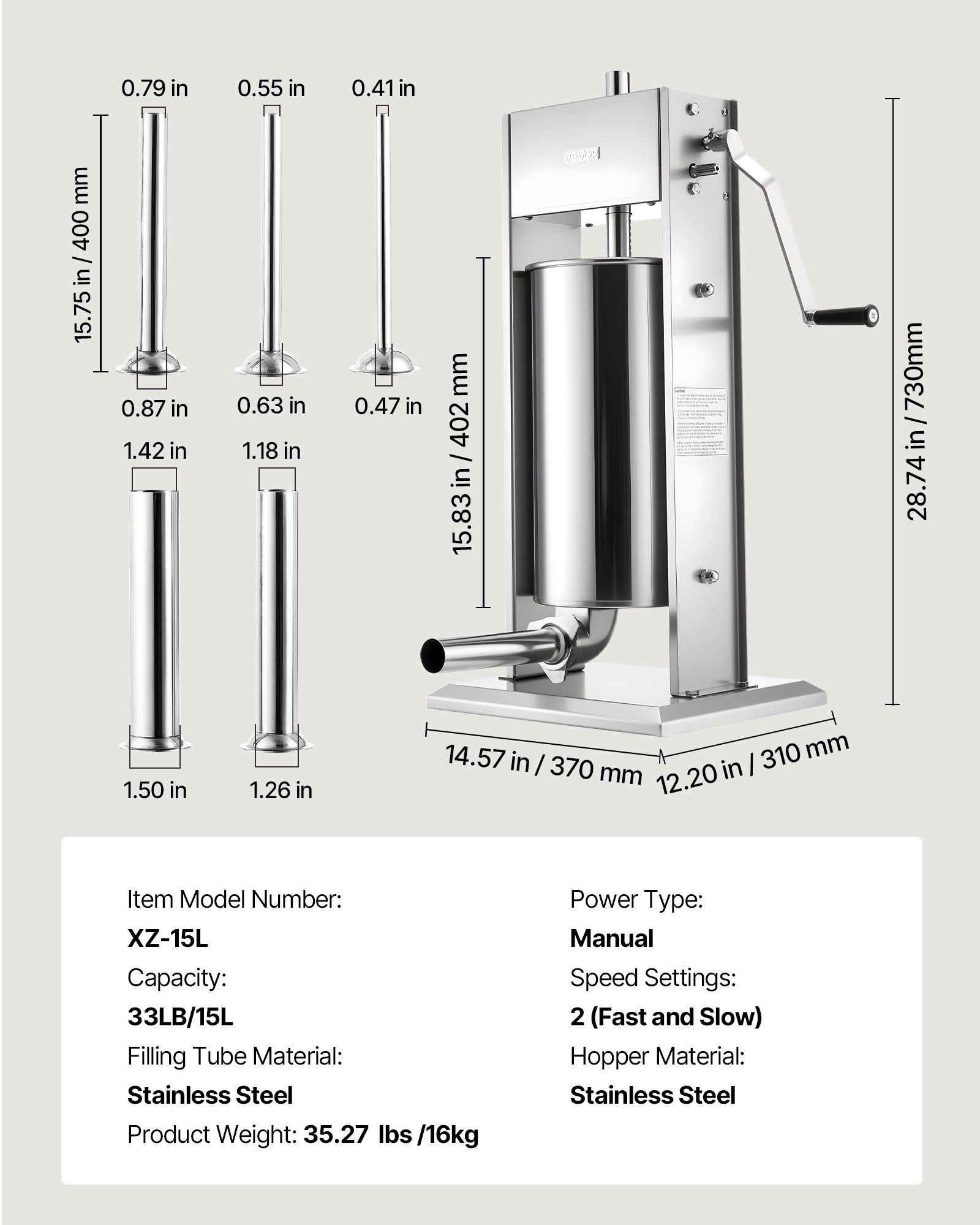 VEVOR Manueller Wurstfüller 15 L, Vertikale Wurstfüllmaschine mit 2 Geschwindigkeiten (Schnell/Langsam) & 5 Füllrohren & Griff, Fleischfüller aus Edelstahl für Gewerblichen & Privaten Gebrauch