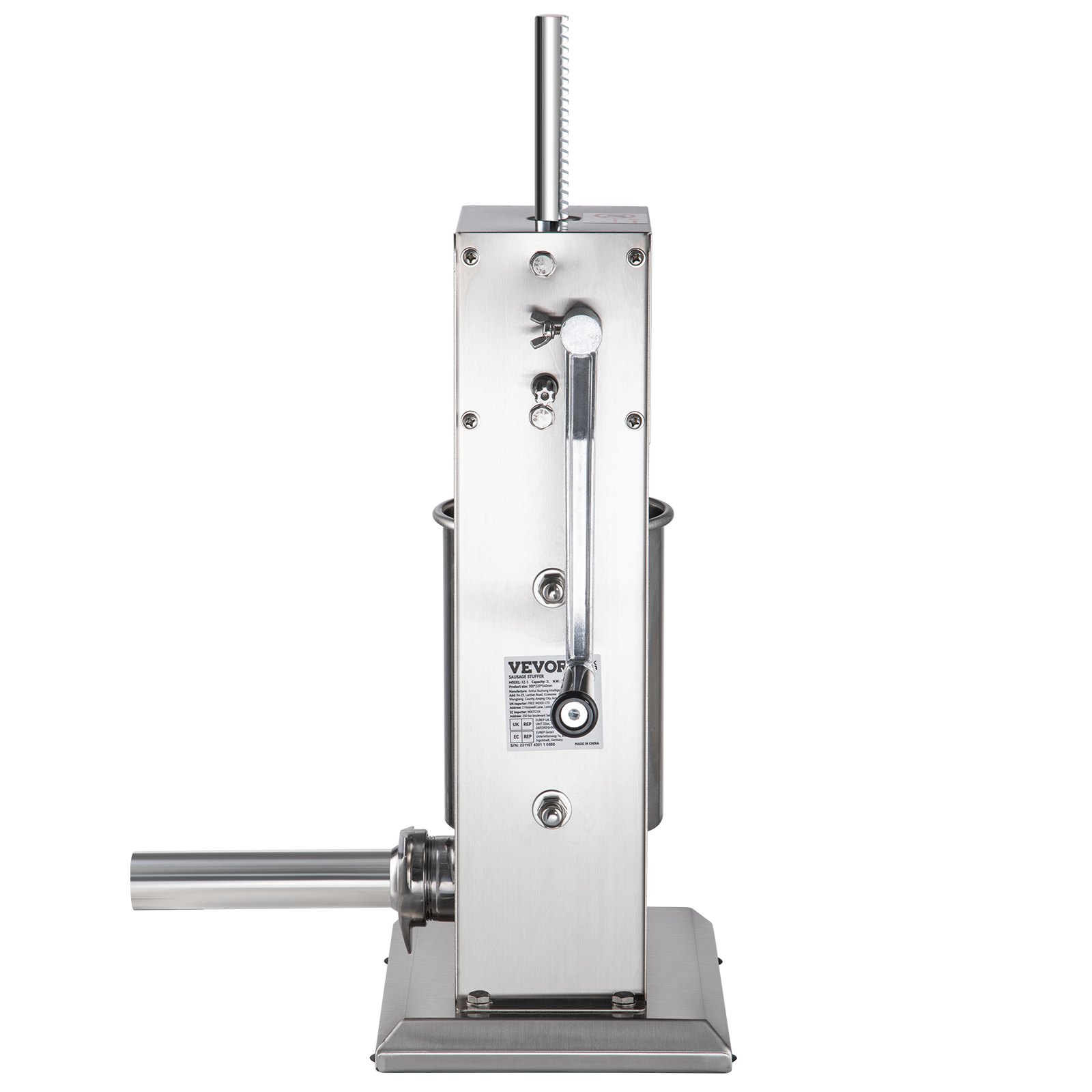 VEVOR Manueller Wurstfüller Wurstfüllmaschine 3 L, Edelstahl + Aluminium Professionelle Silberne Wurstmaschine inkl. 37  / 30  / 21 / 15 mm Füllrohre, 2-Gang-Getriebe Vertikale Wurstpresse Handkurbel