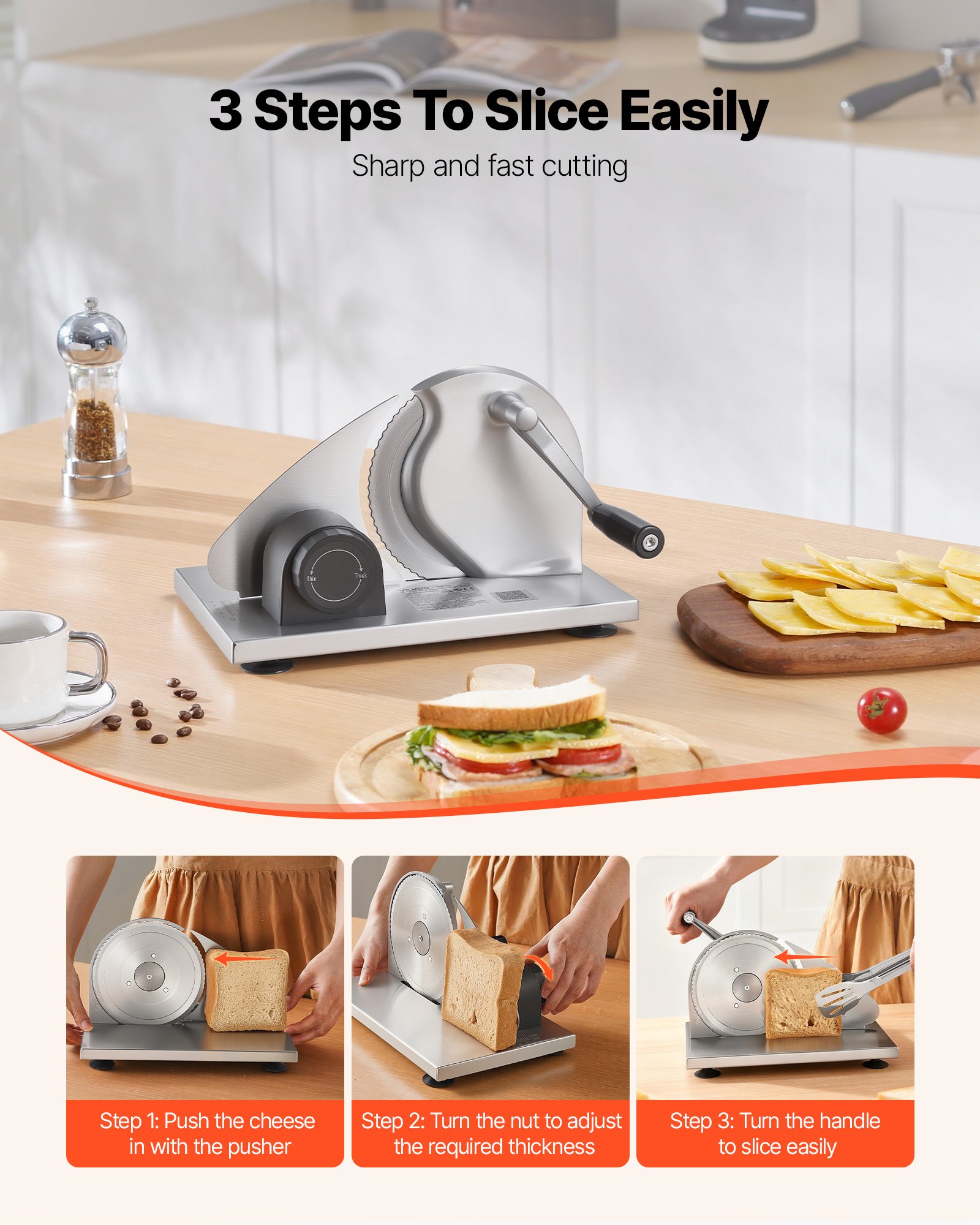 VEVOR Manueller Brotschneider, Käseschneider mit einstellbarer Schnittstärke (0–15 mm), handbetriebener Brotschneider mit mikrogezahnter Edelstahlklinge für Küche, Bäckerei und Partys