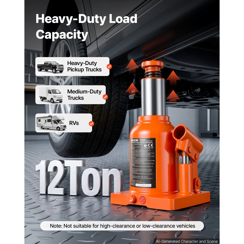 VEVOR Hydraulischer Flaschenheber 12 t Hubbereich 152–272 mm Wagenheber für Schwere Pickups Mittelschwere Lkw Wohnmobile und Fahrzeugreparaturen, mit Verbreiterter Basis und Dreiteiligem Langem Griff