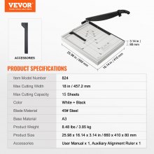 VEVOR Papierschneider Hebelschneider, 457,2 mm Max. Schnittbreite Manuelle Papierschneidemaschine, 15 Blätter Kapazität, mit Schutzschiene / Klingenarretierung für Karton / Pappe, Papierschneider