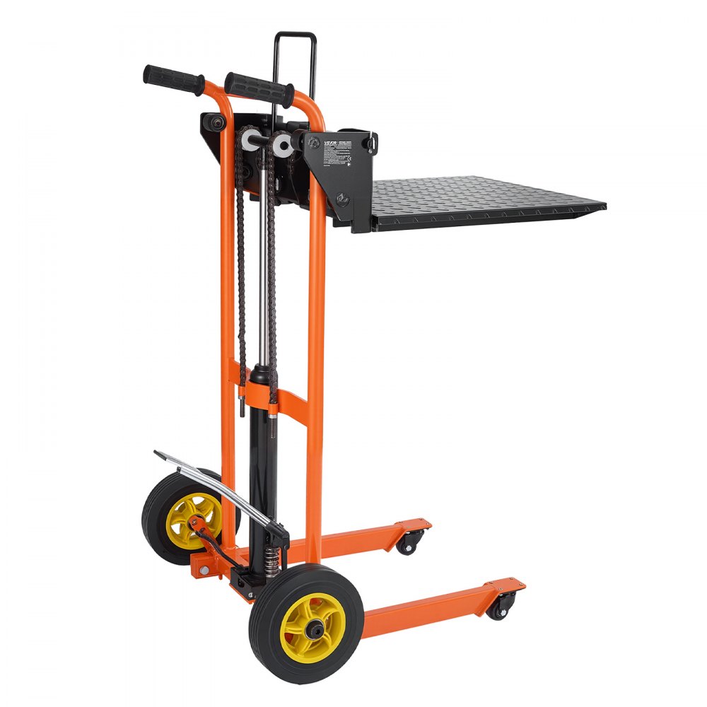 VEVOR Hochhubwagen Manuell 205 kg, Plattformhochhubwagen mit Gabelstaplertisch, Max. Hubhöhe 100 cm, Material Hebewinde Stapler, Plattformstapler, Handstapler, Palettenwagen, Orange & Schwarz