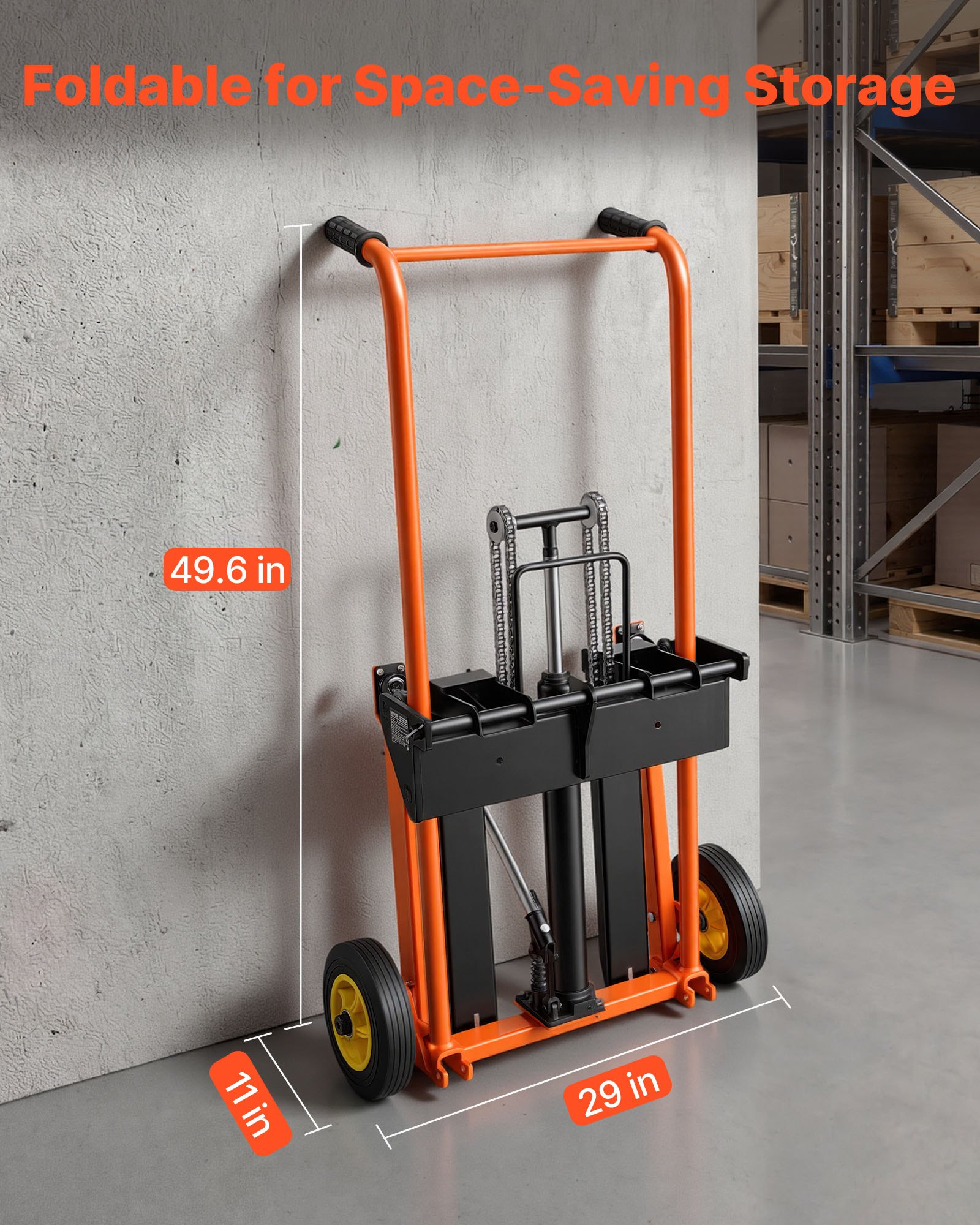 VEVOR Hochhubwagen Manuell 205 kg, Plattformhochhubwagen mit Gabelstaplertisch, Max. Hubhöhe 100 cm, Material Hebewinde Stapler, Plattformstapler, Handstapler, Palettenwagen, Orange & Schwarz