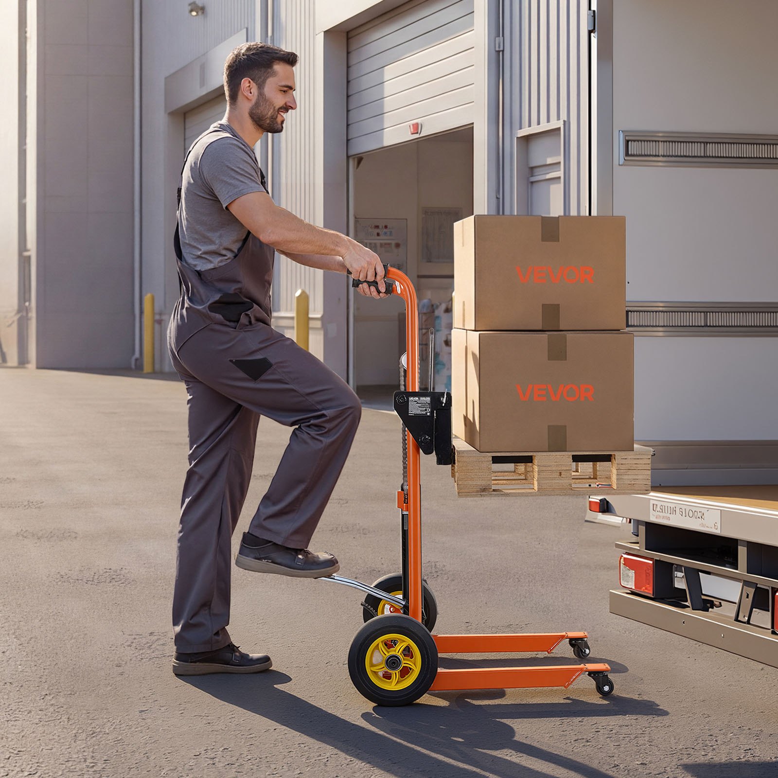 VEVOR Hochhubwagen Manuell 205 kg, Plattformhochhubwagen mit Gabelstaplertisch, Max. Hubhöhe 100 cm, Material Hebewinde Stapler, Plattformstapler, Handstapler, Palettenwagen, Orange & Schwarz