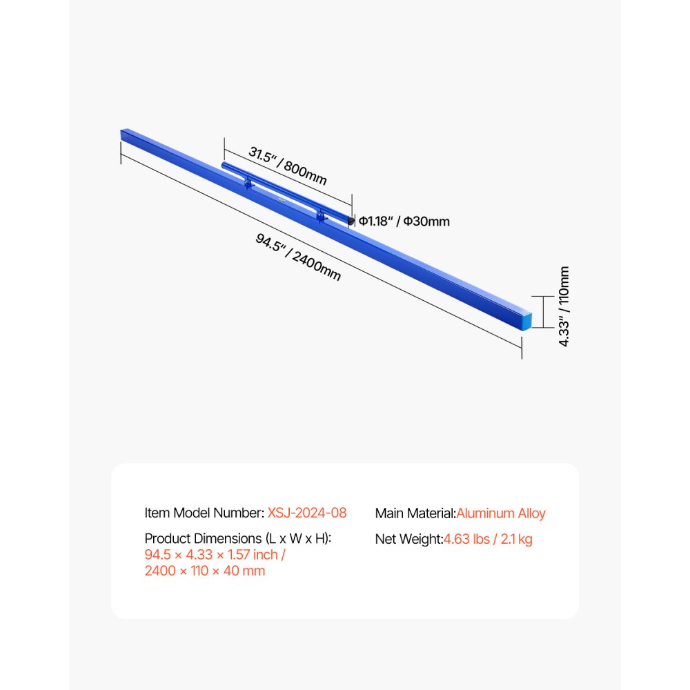 VEVOR Betonestrich, 240 cm Estrich mit Wasserwaage, einfache Reinigung & Endkappendesign, Aluminium- & umkehrbarer Griff zum Nivellieren von Böden, für Kleinbaustellen & Hausrenovierungen