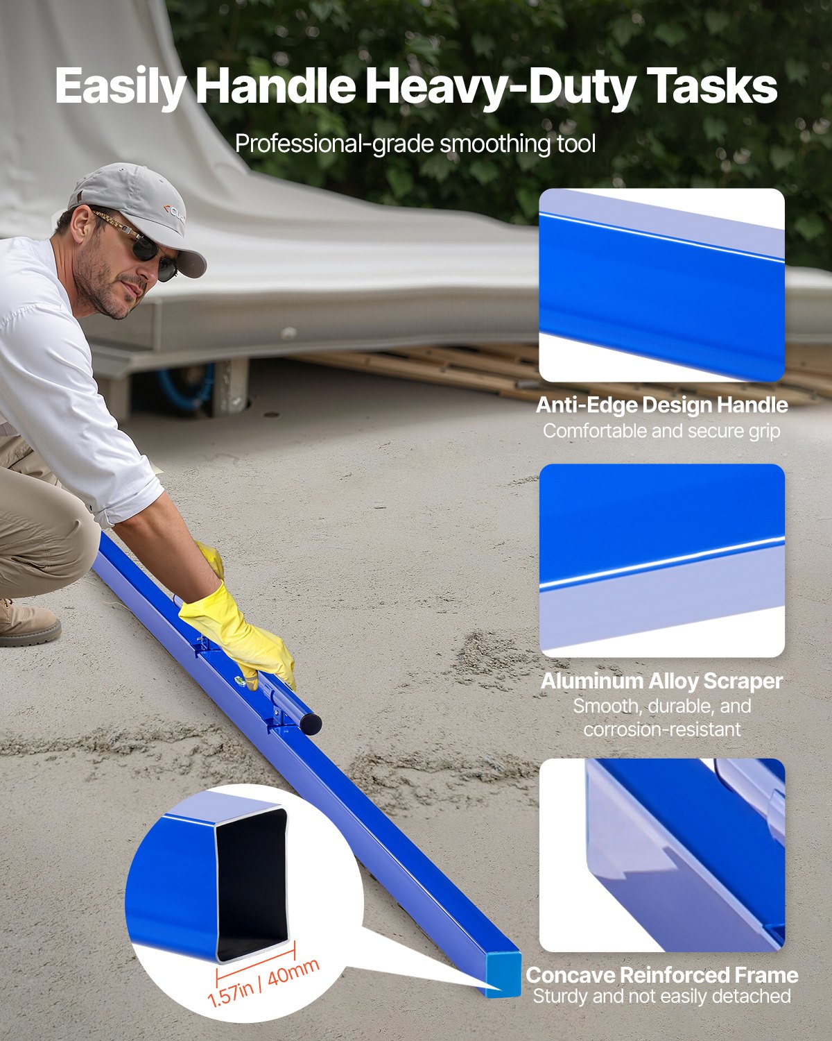 VEVOR Betonestrich, 240 cm Estrich mit Wasserwaage, einfache Reinigung & Endkappendesign, Aluminium- & umkehrbarer Griff zum Nivellieren von Böden, für Kleinbaustellen & Hausrenovierungen