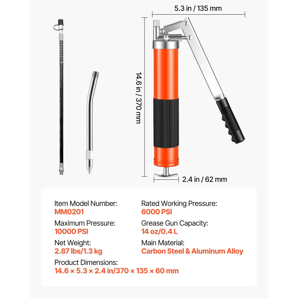 VEVOR Fettpresse, 689 bar, Pistolengriff-Schmierpressen-Set mit 0,4 L Fassungsvermögen, Handfettpresse inkl. 45,7 cm Flexschlauch, 1 Verlängerungsrohr & 1 scharfer Düse für Kfz & Schifffahrt