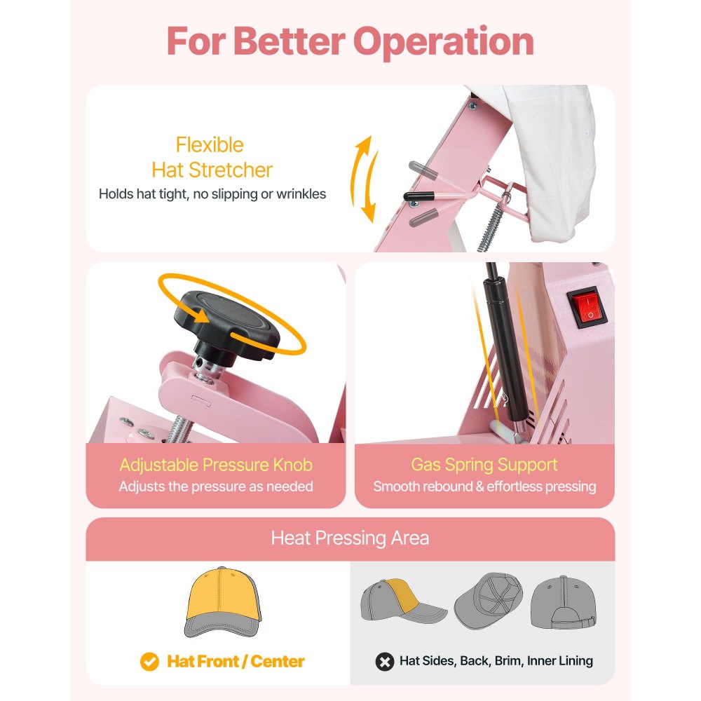 VEVOR Hutpresse mit 2 austauschbaren Platten (160 x 65 mm / 160 x 80 mm), Hut-Hitzepresse mit präziser Temperatur- und Zeitregelung, Mützenpresse Heat Press für Stirnbänder Gesichtsmasken Rosa