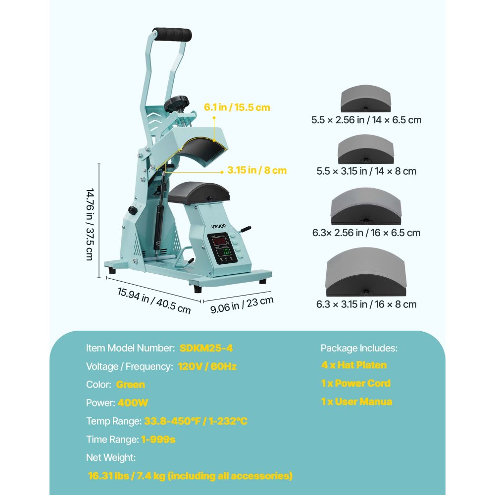 VEVOR Hutpresse mit 4 austauschbaren Platten (160x65/160x80/140x65/140x80 mm), Hut-Hitzepresse mit präziser Temperatur- und Zeitregelung, Mützenpresse Heat Press für Stirnbänder Gesichtsmasken