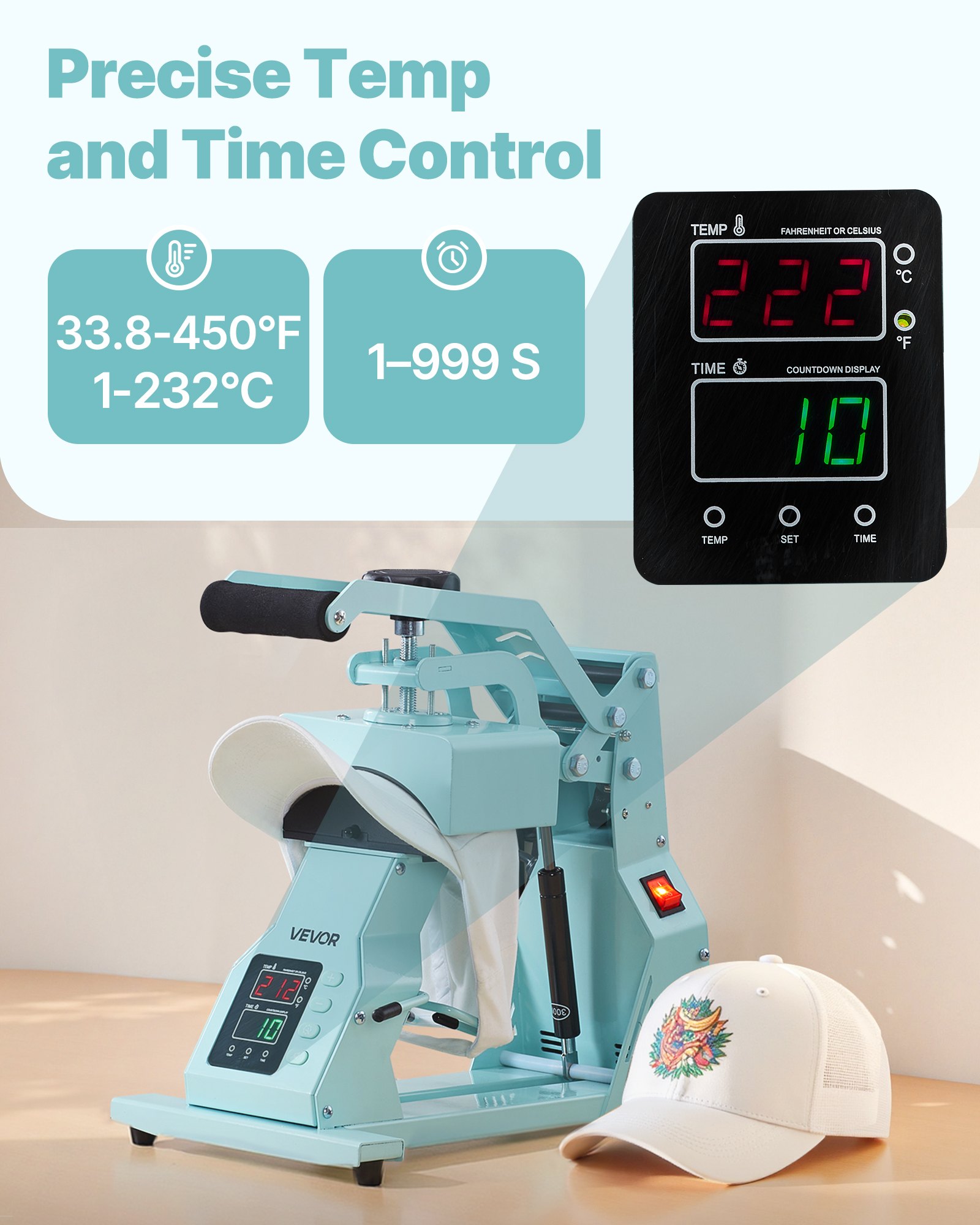 VEVOR Hat Heat Press Machine, with 4pcs Interchangeable Platens, Precise Temperature and Time Control, Hat Press for HTV Iron On and Sublimation Projects, for Caps, Headbands, Cuffs, Face Masks, Green