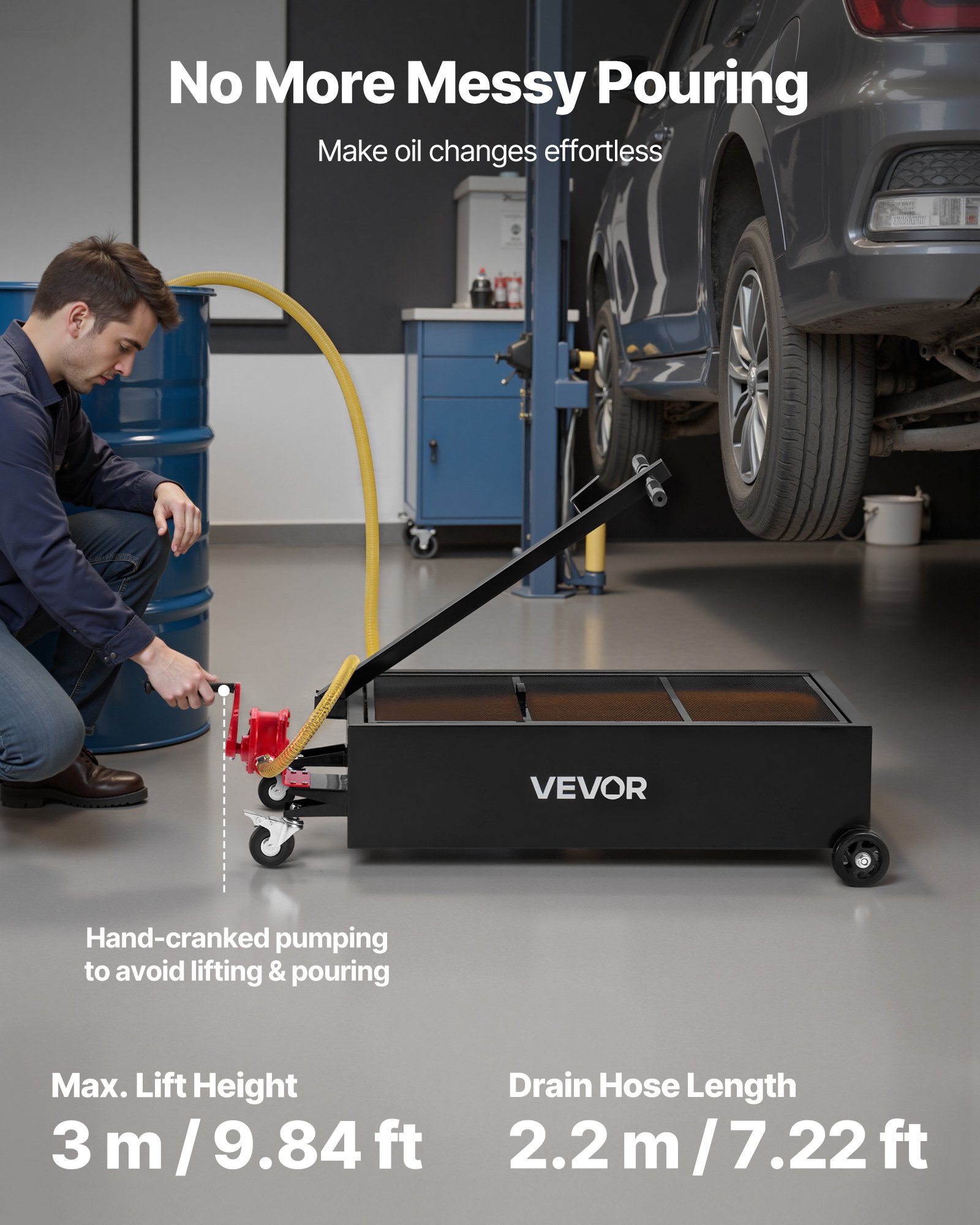 VEVOR Ölablasswanne mit niedrigem Profil, 94,6 L, Ölablasswagen mit Pumpe, 2,2 m Schlauch & T-Klappgriff, auslaufsicher & korrosionsbeständig, für Autos, SUVs, LKWs, Geländefahrzeuge, schwarz