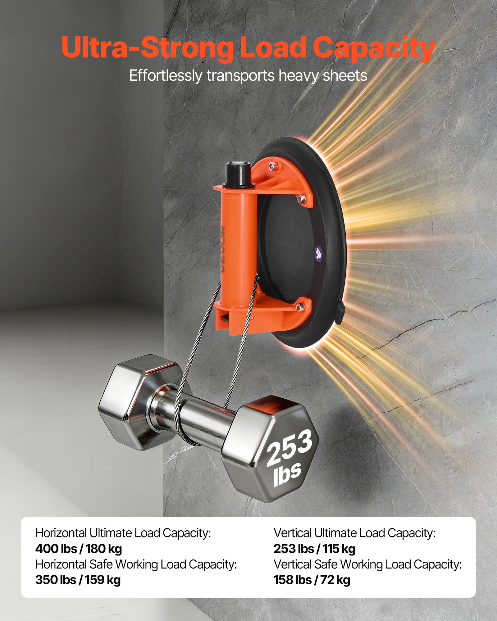 VEVOR Vakuum Saugheber, 203 mm Glassauger mit ABS-Griff, Fliesensauger 180 kg Hubkapazität, Fliesen-Saugnapf-Werkzeug mit Tragetasche zum Anheben von Fliesen, Granit, Trockenbauwänden, 1 Stk.