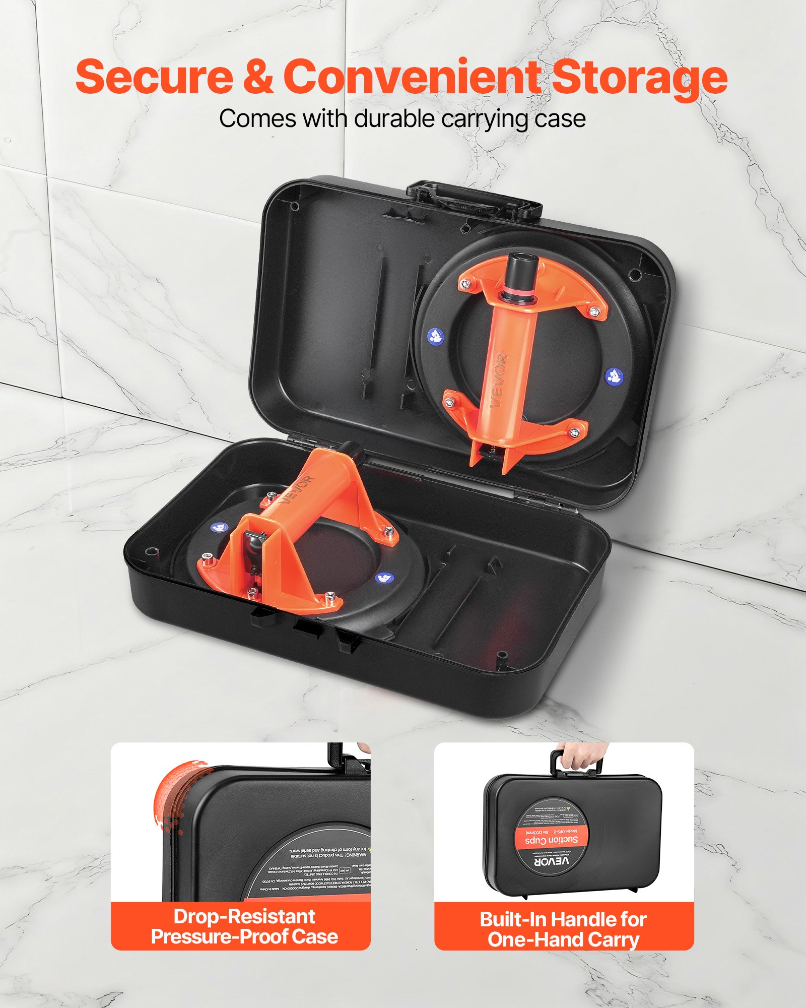 VEVOR Vacuum Suction Cup, 203 mm Vacuum Glass Lifter with ABS Handle, 180 kg Max Lifting Capacity Tile Suction Cup Tool with Carrying Case for Lifting Large Tile, Granite, Drywall, Windows (2-Pack)