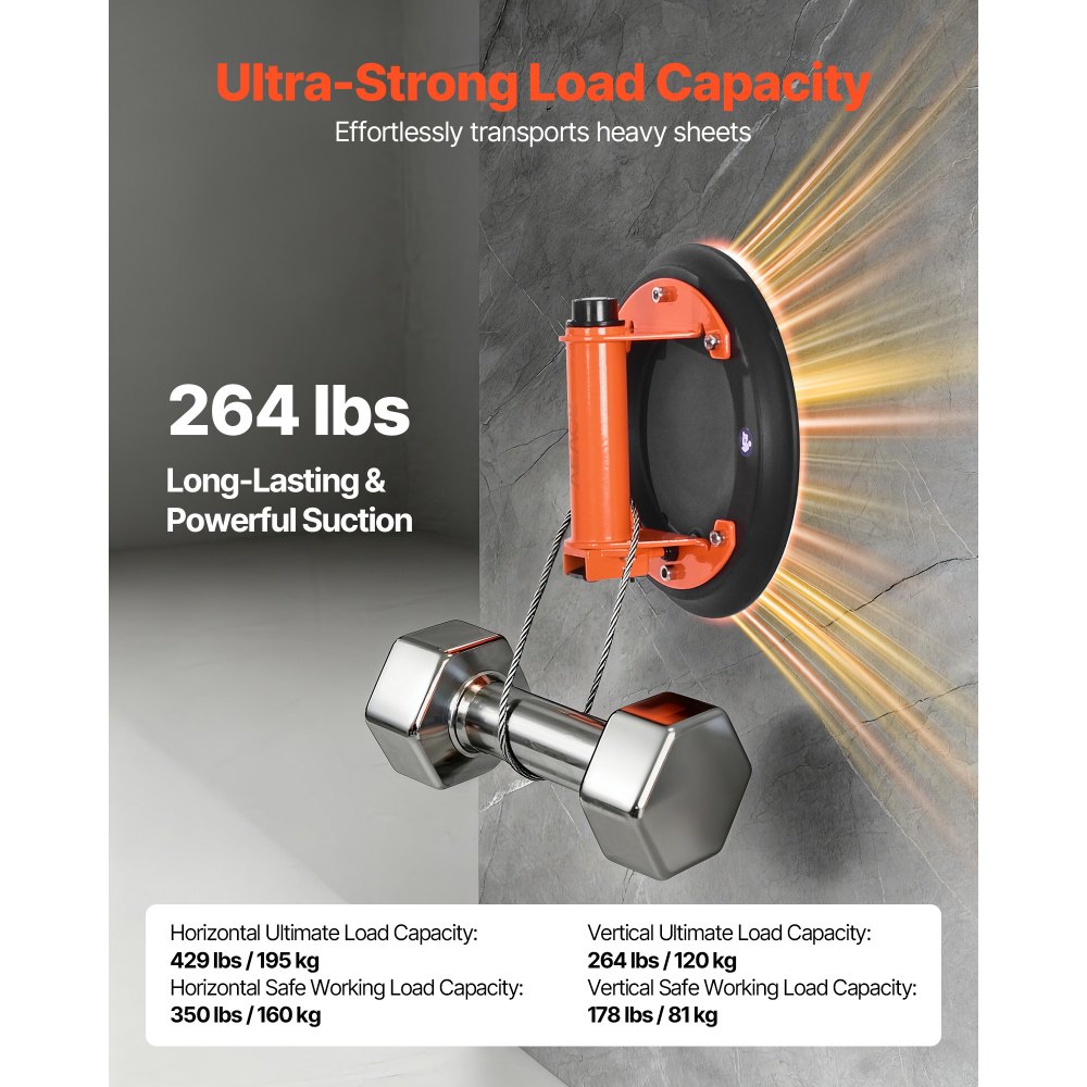 VEVOR Vakuum Saugheber, 203 mm Glasheber mit Metallgriff, 195 kg Hubkapazität, Fliesen-Saugnapf-Werkzeug mit Tragetasche zum Anheben von Fliesen, Granit, Trockenbauwänden, Fenstern (2er-Pack)