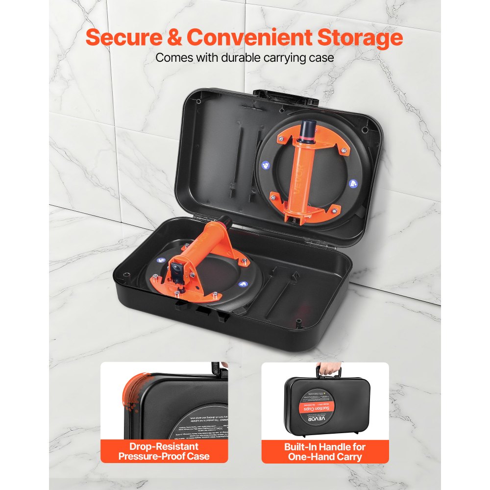 VEVOR Vakuum Saugheber, 203 mm Glasheber mit Metallgriff, 195 kg Hubkapazität, Fliesen-Saugnapf-Werkzeug mit Tragetasche zum Anheben von Fliesen, Granit, Trockenbauwänden, Fenstern (2er-Pack)