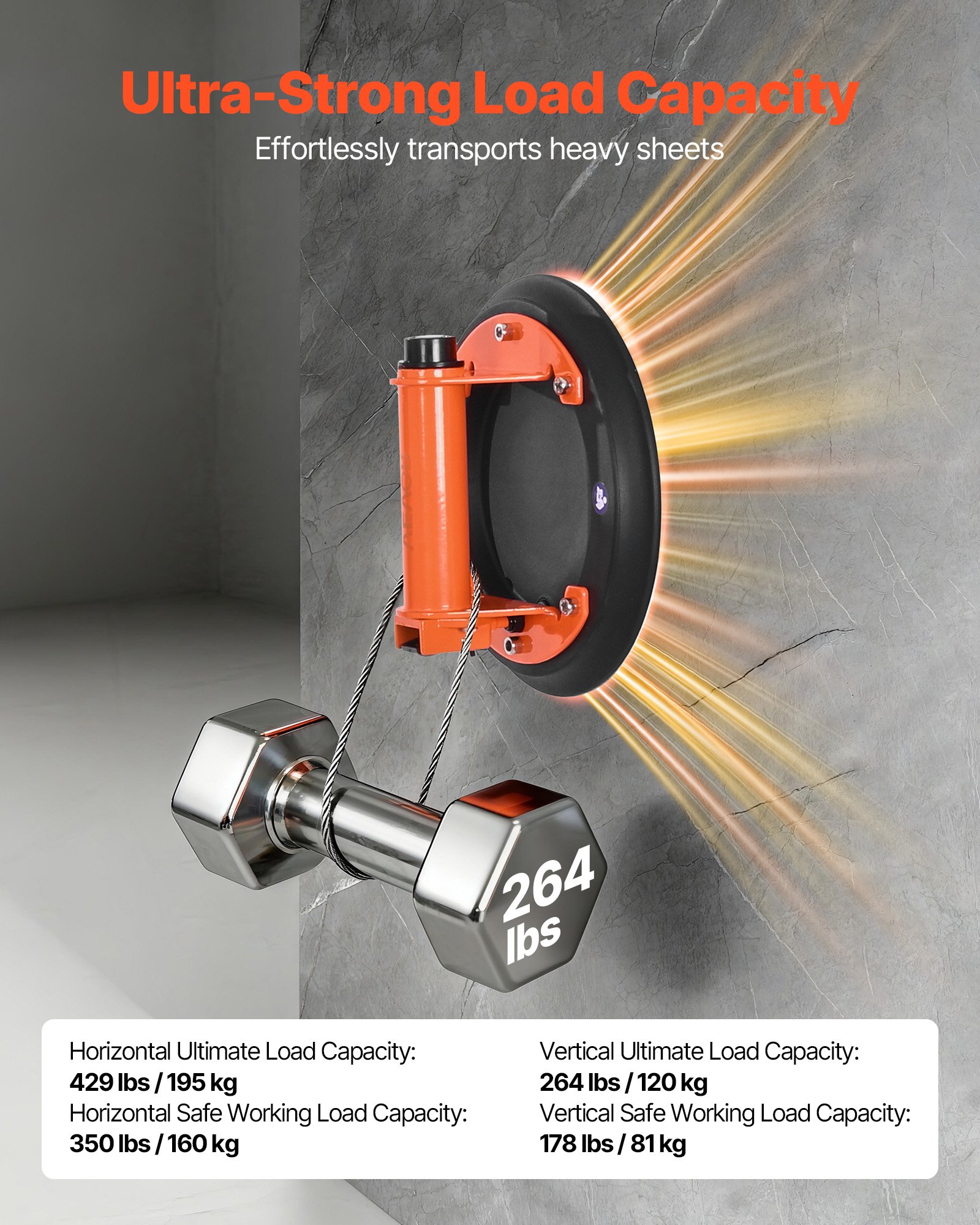 VEVOR Vakuum Saugheber, 203 mm Glasheber mit Metallgriff, 195 kg Hubkapazität, Fliesen-Saugnapf-Werkzeug mit Tragetasche zum Anheben von Fliesen, Granit, Trockenbauwänden, Fenstern (2er-Pack)