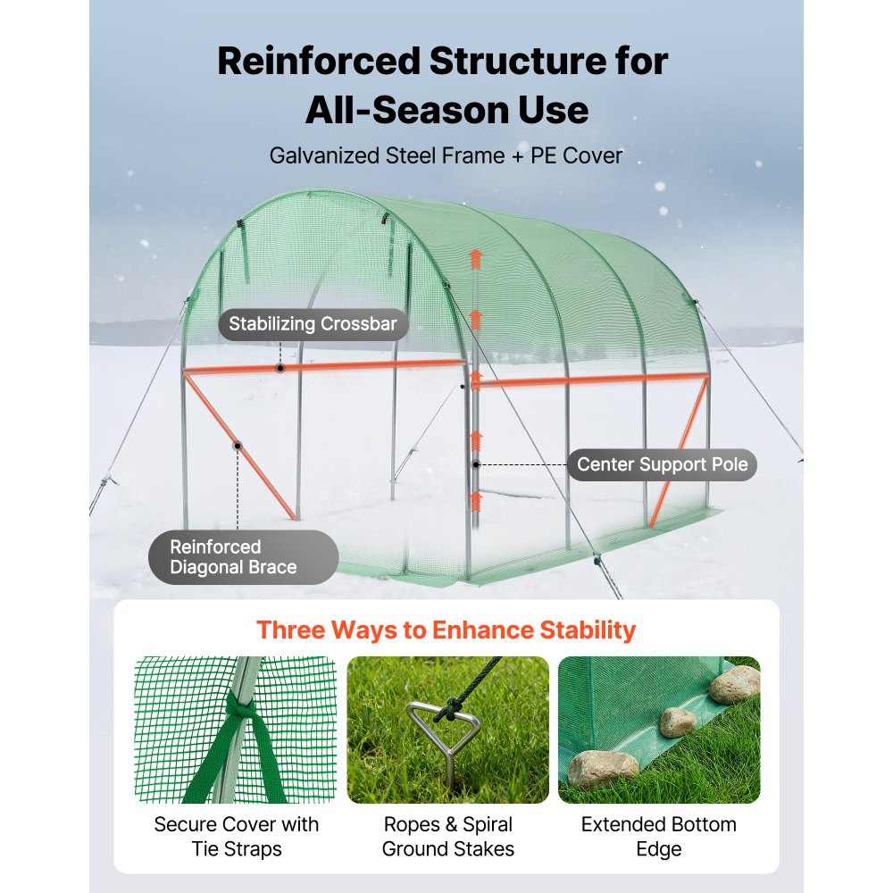 VEVOR Gewächshaus 2,93x1,97x1,94 m, Foliengewächshaus, Folientunnel mit Bewässerungssystem, Stahlrahmen, PE-Abdeckung, Aufrollbarer Reißverschlusstür & 6 Fenstern, Treibhaus für Außenbereich