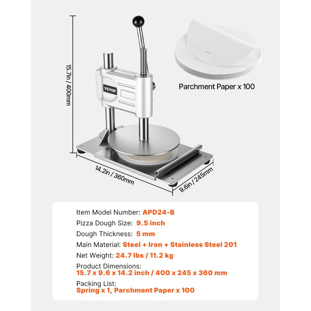 VEVOR Manual Pizza Dough Press, 241.3 mm Pastry Press Plate, Stainless Steel Bread Press, Commercial Chapati Press, 5 mm Thick Forming Machine with Handle & 100 Pieces of Parchment Paper, Pizza Dough Rolling Pin