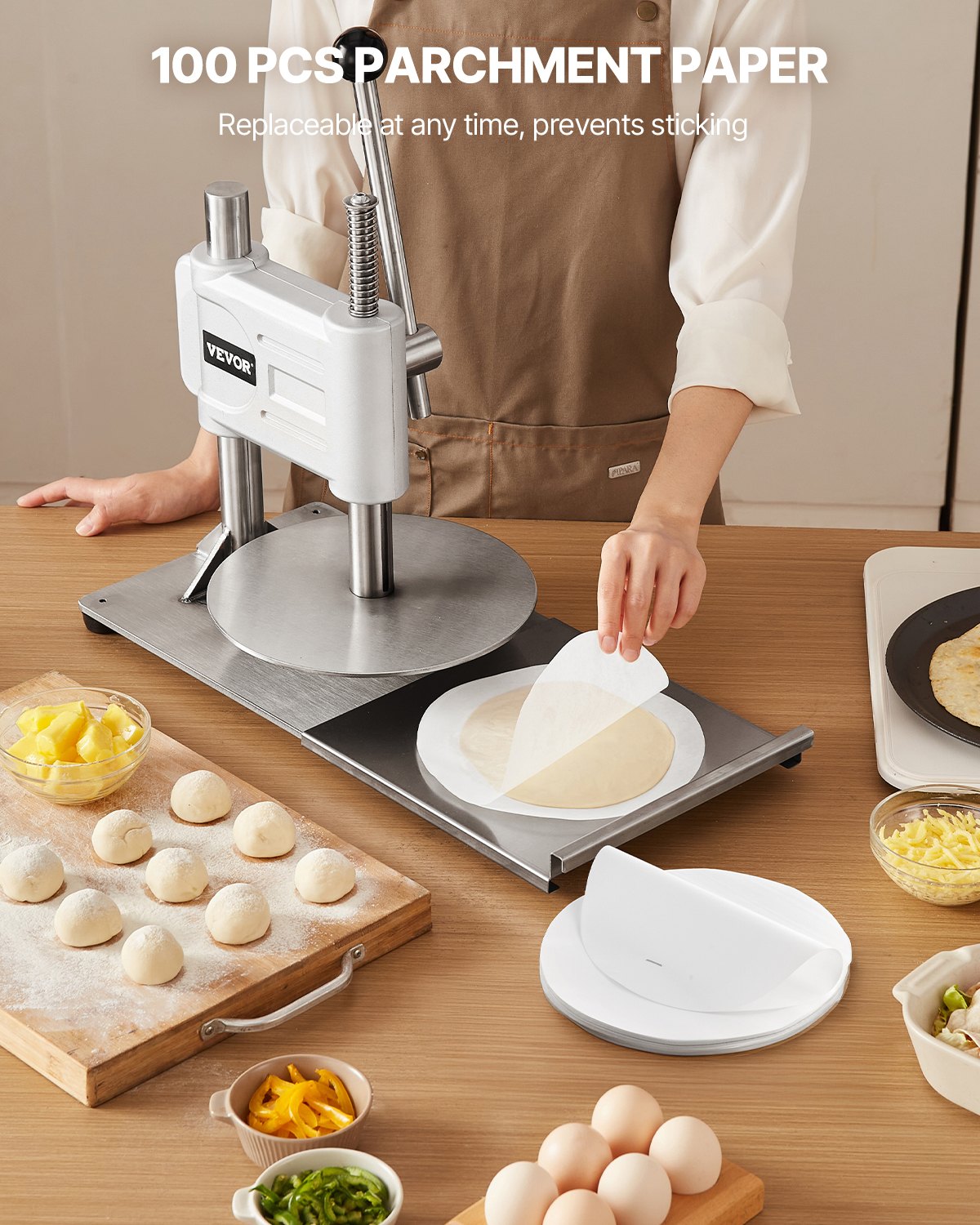 VEVOR manuelle Pizzateigpresse 241,3 mm Gebäck-Pressplatte, Brotpresse aus Edelstahl, kommerzieller Chapati Presse, 5 mm Dicke Formmaschine mit Griff & 100 Stk. Pergamentpapier, Pizza-Teigrolle