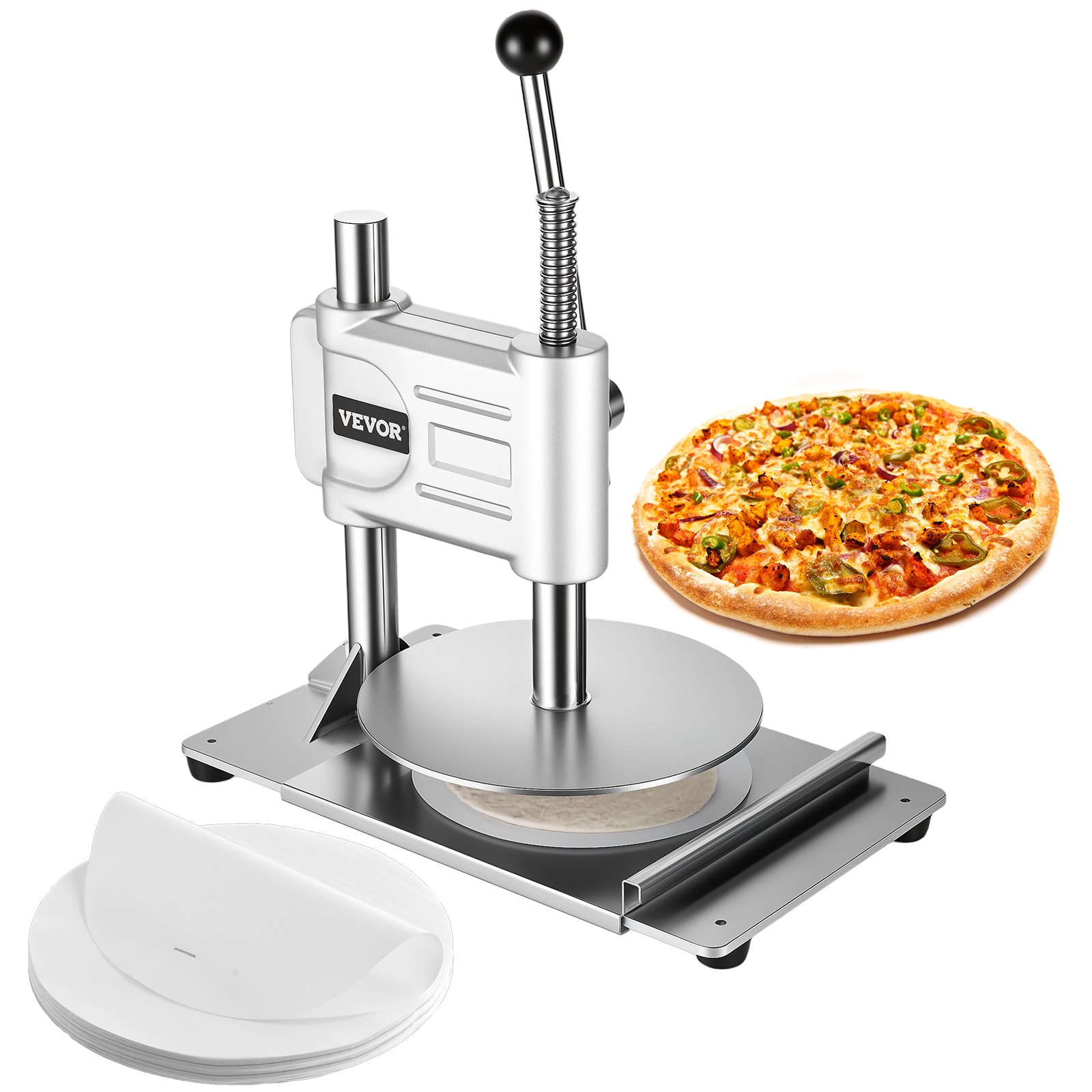 VEVOR manuelle Pizzateigpresse 241,3 mm Gebäck-Pressplatte, Brotpresse aus Edelstahl, kommerzieller Chapati Presse, 5 mm Dicke Formmaschine mit Griff & 100 Stk. Pergamentpapier, Pizza-Teigrolle