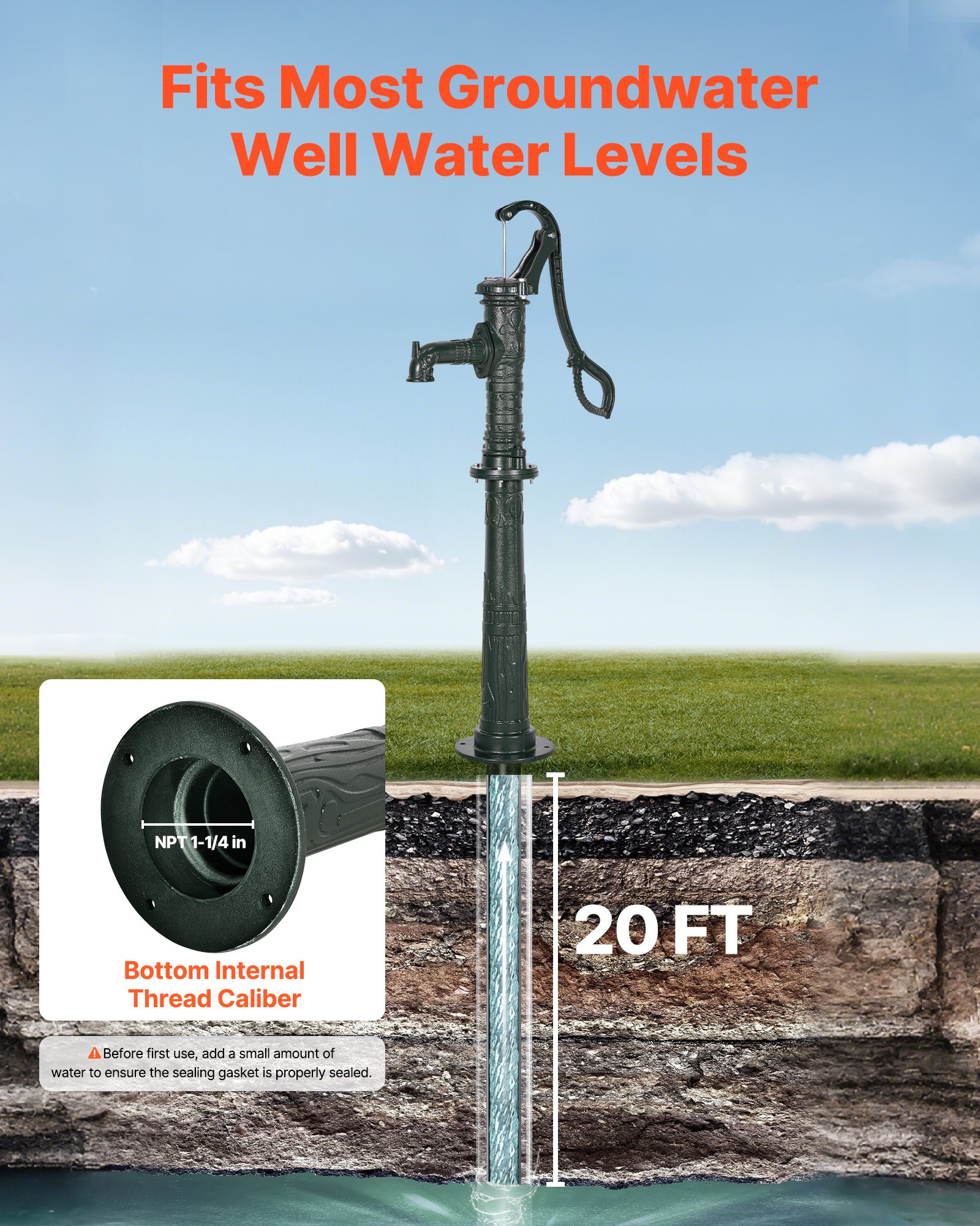 VEVOR Well Hand Pitcher Pump, 20 ft Max Lift, Antique Cast Iron Manual Hand Water Pump with Heightening Base, NPT 1-1/4 in Connection, Easy Installation, for Outdoor Garden, Pond, Yard, Farm, Green