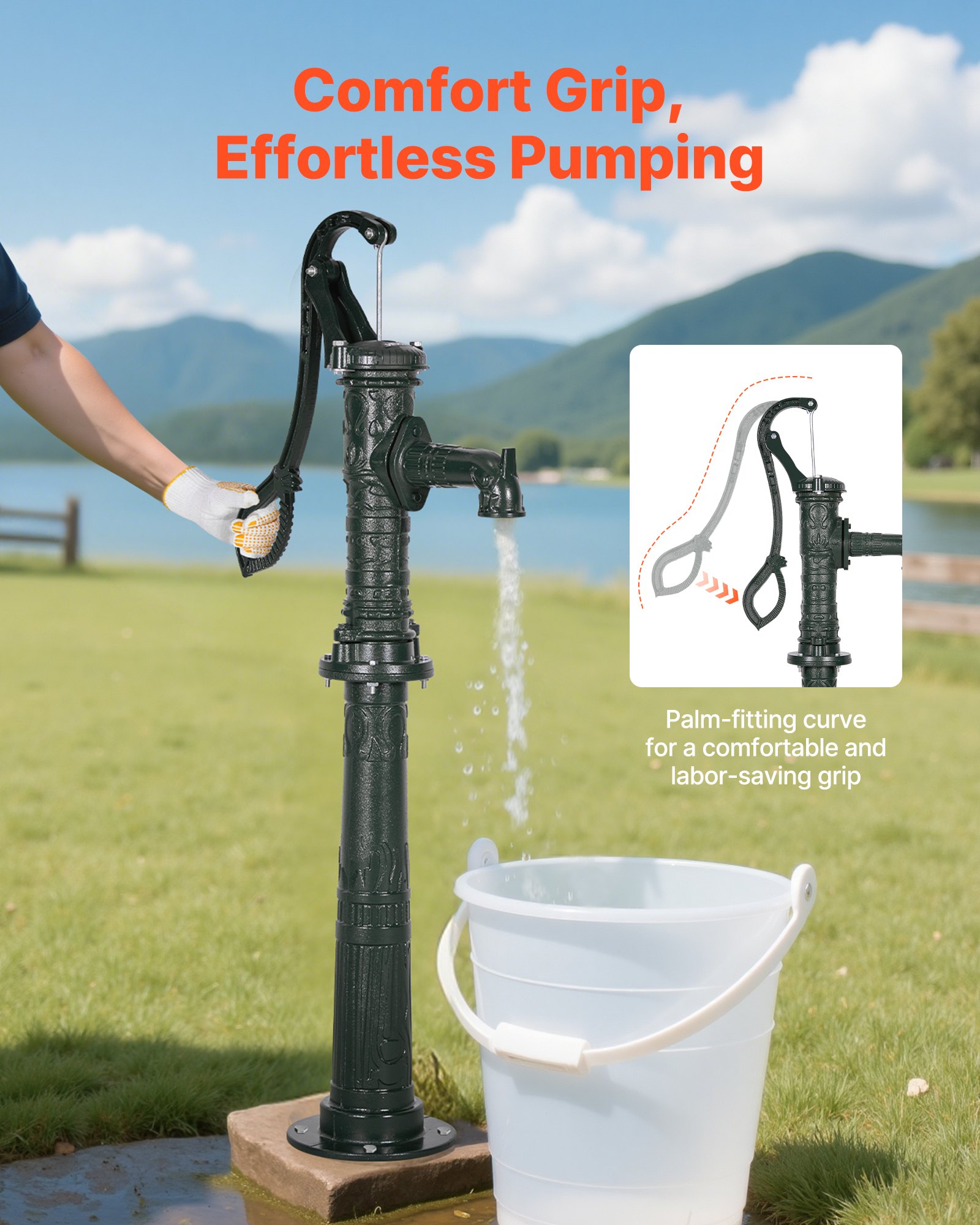 VEVOR Well Hand Pitcher Pump, 20 ft Max Lift, Antique Cast Iron Manual Hand Water Pump with Heightening Base, NPT 1-1/4 in Connection, Easy Installation, for Outdoor Garden, Pond, Yard, Farm, Green
