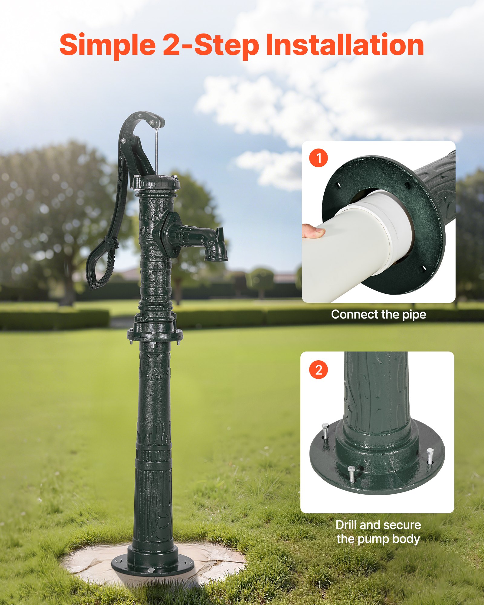 VEVOR Well Hand Pitcher Pump, 20 ft Max Lift, Antique Cast Iron Manual Hand Water Pump with Heightening Base, NPT 1-1/4 in Connection, Easy Installation, for Outdoor Garden, Pond, Yard, Farm, Green