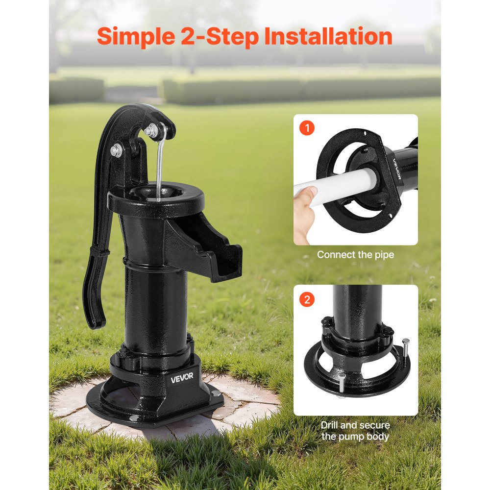 VEVOR Well Hand Pitcher Pump, 25 ft Maximum Lift, Antique Cast Iron Manual Hand Water Pump, NPT 1-1/4 in Connection, Easy Installation, Old Fashioned for Outdoor Garden, Pond, Backyard, Farm, Black