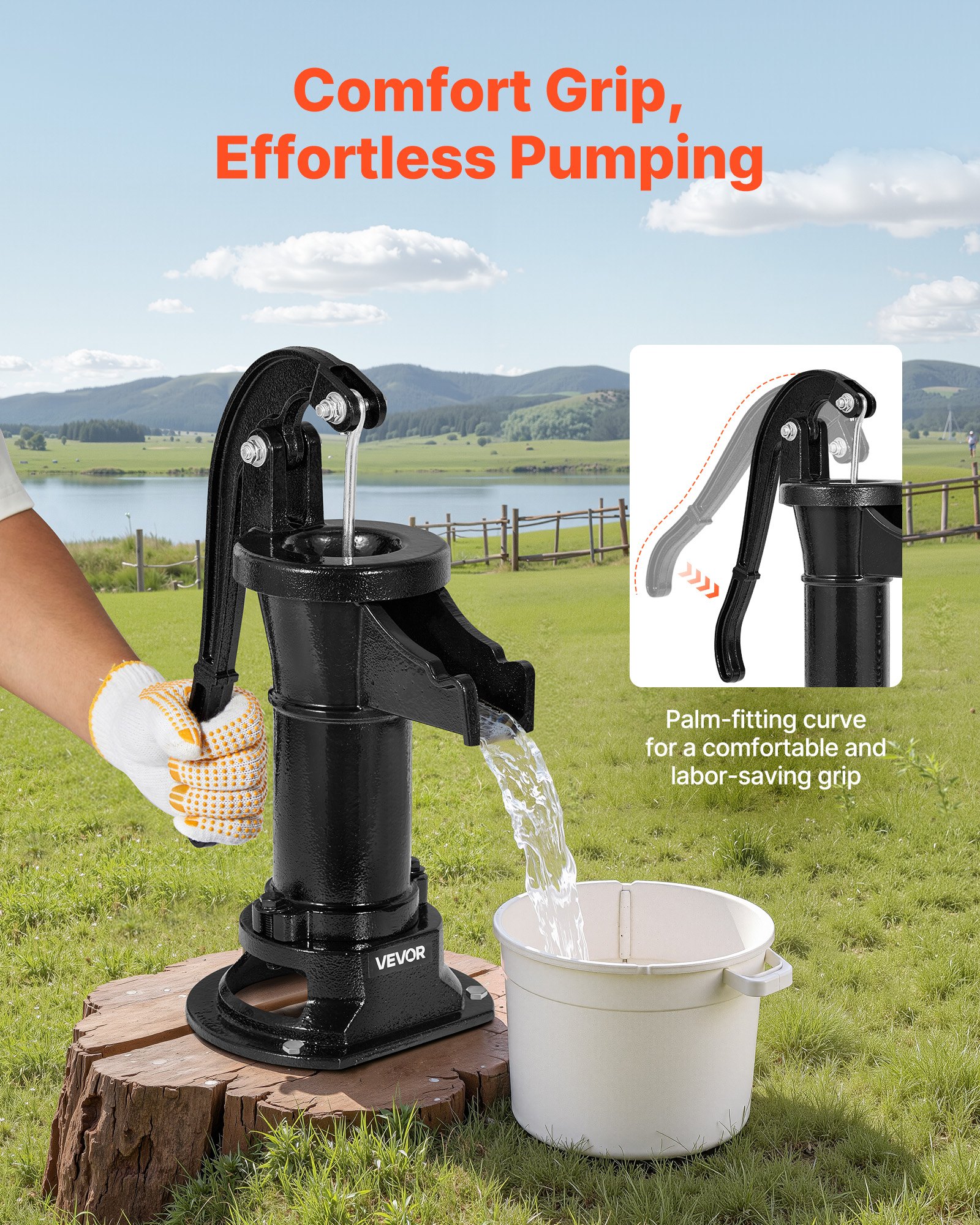 VEVOR Well Hand Pitcher Pump, 25 ft Maximum Lift, Antique Cast Iron Manual Hand Water Pump, NPT 1-1/4 in Connection, Easy Installation, Old Fashioned for Outdoor Garden, Pond, Backyard, Farm, Black
