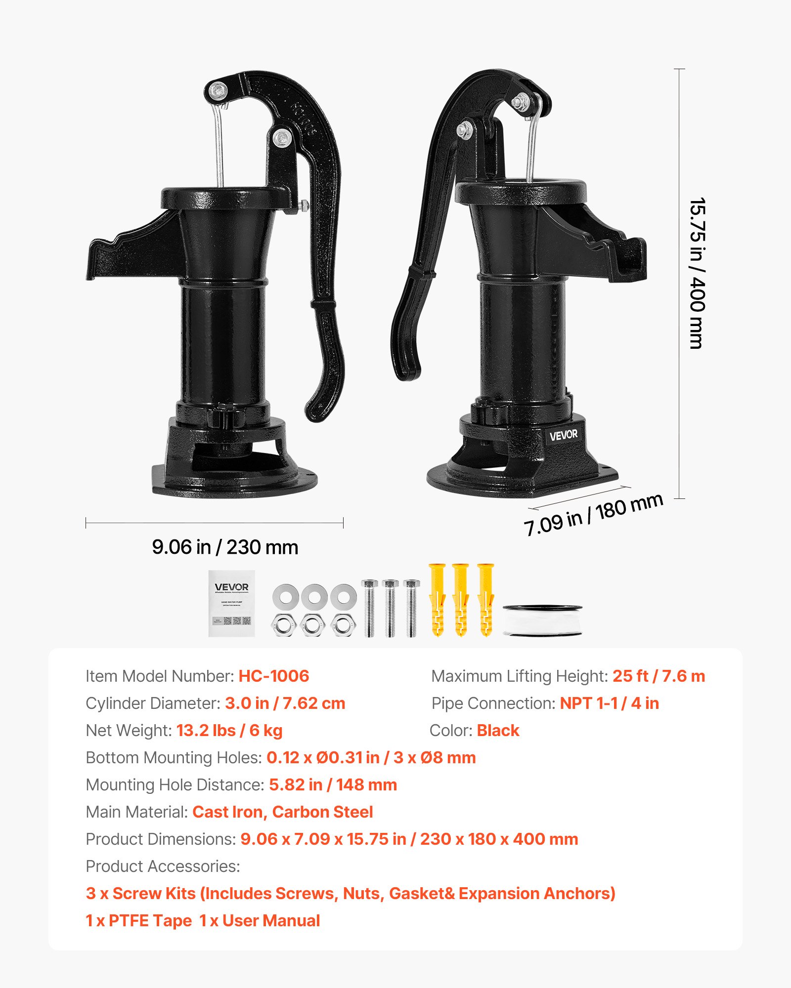 VEVOR Well Hand Pitcher Pump, 25 ft Maximum Lift, Antique Cast Iron Manual Hand Water Pump, NPT 1-1/4 in Connection, Easy Installation, Old Fashioned for Outdoor Garden, Pond, Backyard, Farm, Black