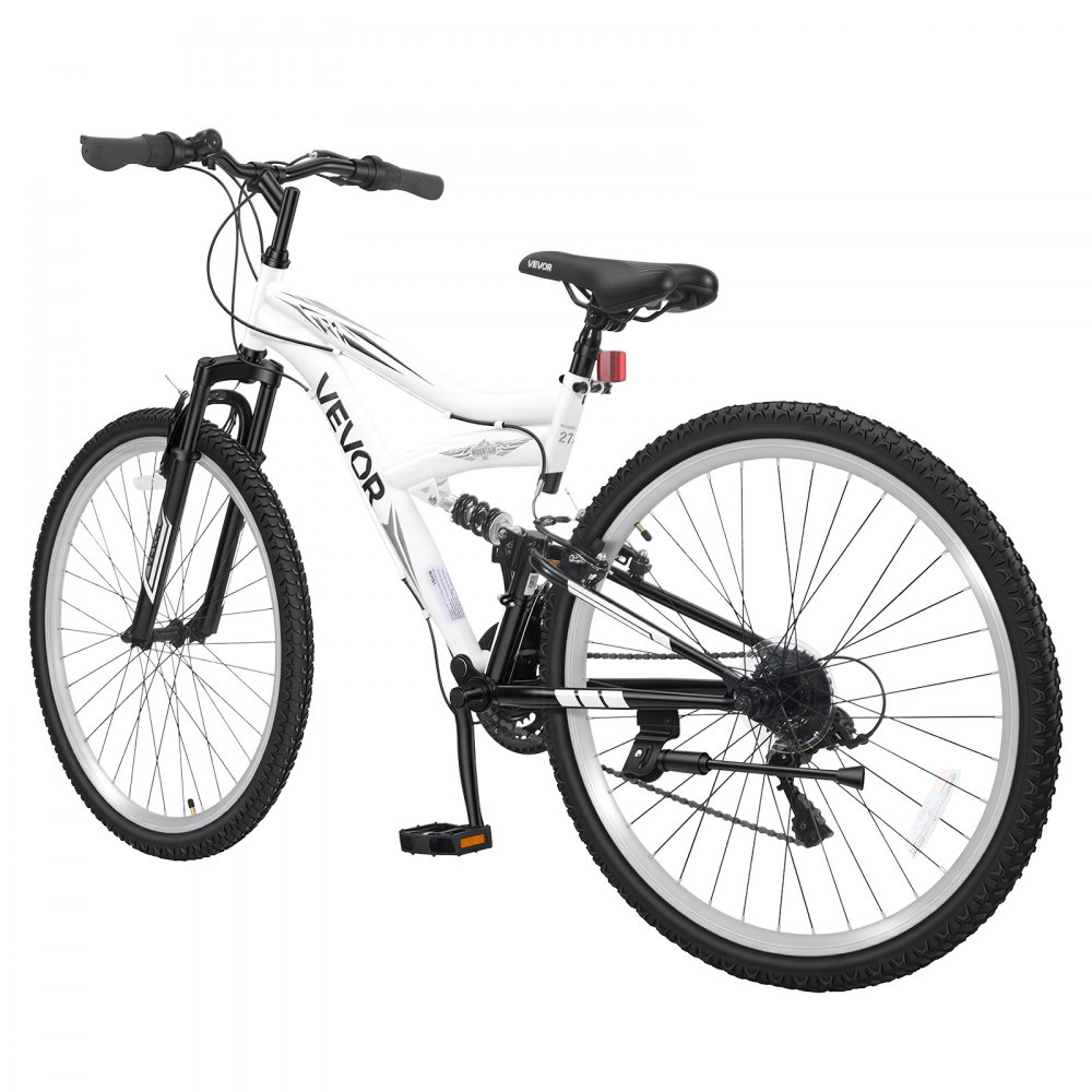 VEVOR Mountainbike für Damen Herren 27,5 Zoll Fahrrad 18-Gang Schwarz Weiß Ideal für Erwachsene, Kohlenstoffstahlrahmen, mit Vollfederung, 120 kg Tragkraft, Klingel, Reflektoren & Verstellbarem Sattel