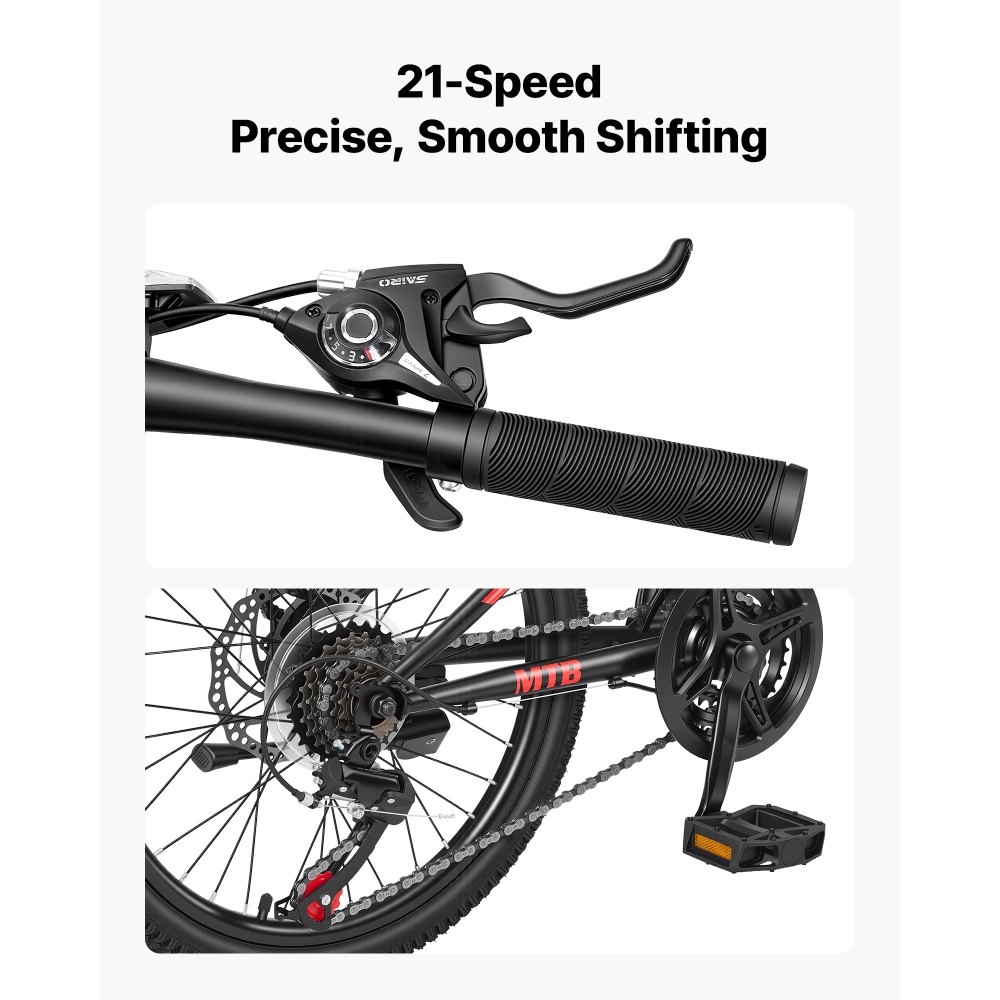 VEVOR Mountainbike 20 Zoll 21-Gang Fahrrad aus Kohlenstoffstahl Schwarz für Freizeitfahrten & Leichte Offroad-Touren, 80 kg Tragkraft, Klingel, Reflektoren und Lichthalterung für Gute Sichtbarkeit