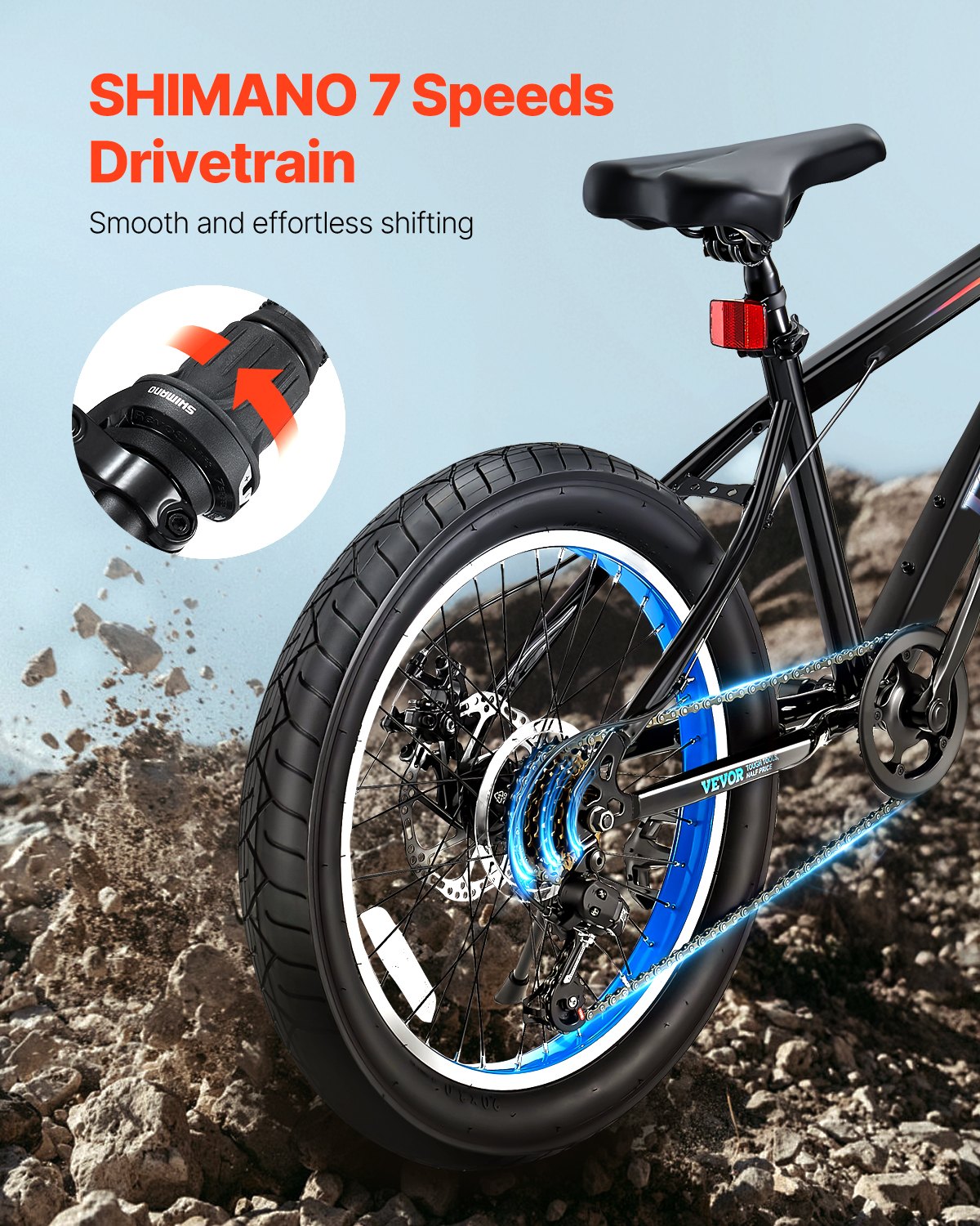 VEVOR Mountainbike MTB-Fahrrad (50,8 cm) mit 7 Gängen, Komfortsattel, Doppelscheibenbremsen, Rahmen aus Kohlenstoffstahl, Sportfahrrad Fahrrad mit dicken Reifen für Trail-Schnee