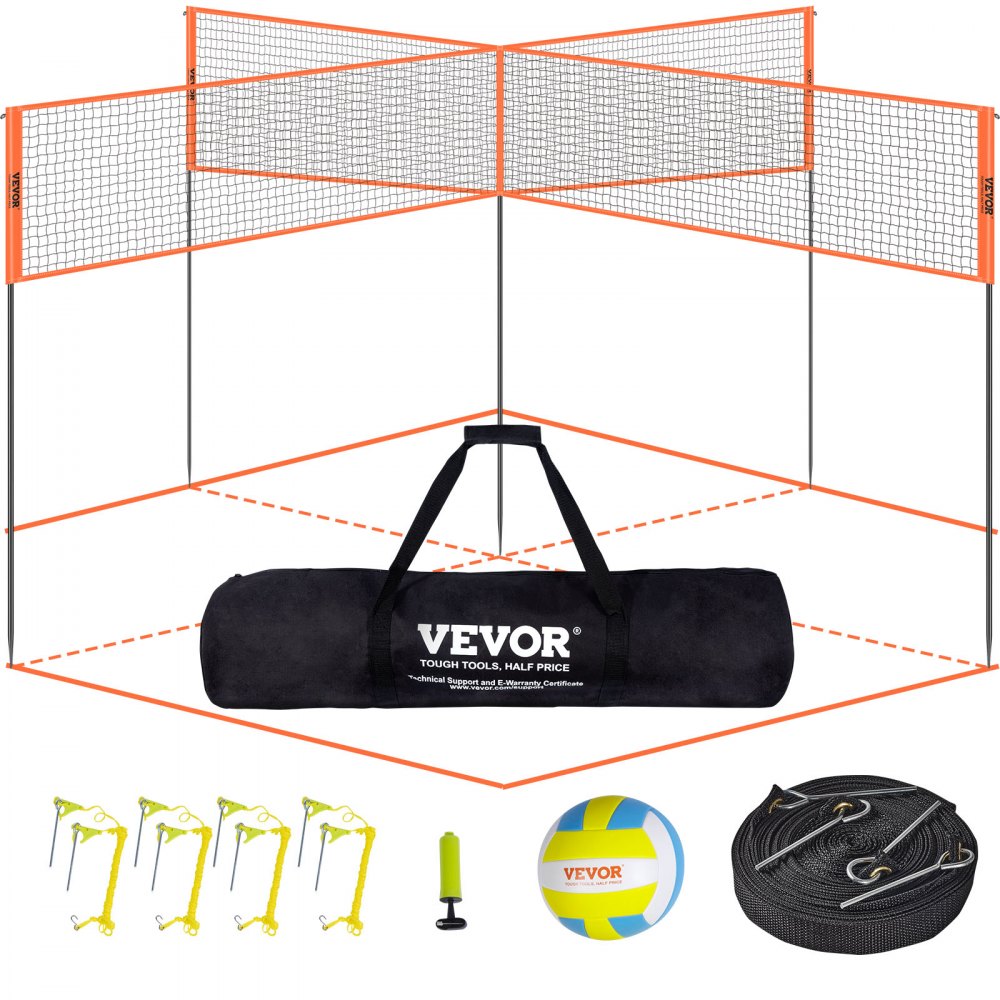 VEVOR Volleyballnetz Höhenverstellbares Volleyballnetz Set, 4,3 x 2,2 m Tragbarer Beachvolleyball-Netz, Orange Volleyballnetz Faltbare Volleyballnetz mit Volleyball & Tragetasche, für Garten, Strand