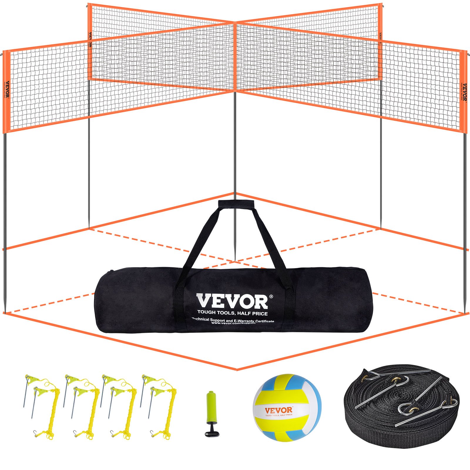 VEVOR Volleyballnetz Höhenverstellbares Volleyballnetz Set, 4,3 x 2,2 m Tragbarer Beachvolleyball-Netz, Orange Volleyballnetz Faltbare Volleyballnetz mit Volleyball & Tragetasche, für Garten, Strand