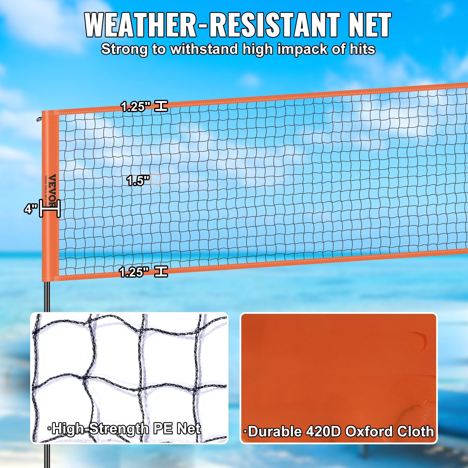VEVOR Volleyballnetz Höhenverstellbares Volleyballnetz Set, 4,3 x 2,2 m Tragbarer Beachvolleyball-Netz, Orange Volleyballnetz Faltbare Volleyballnetz mit Volleyball & Tragetasche, für Garten, Strand