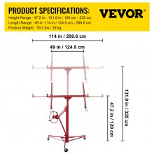 VEVOR Trockenbau Rollheber Plattenheber Paneelheber Montagehilfe für Rigipsplatten Gipskartonplatten Brettern Kunststoffplatten, 1-Mann-Bedienung 120-335 cm Arbeitshöhe 68 kg Tragfähigkeit Rot