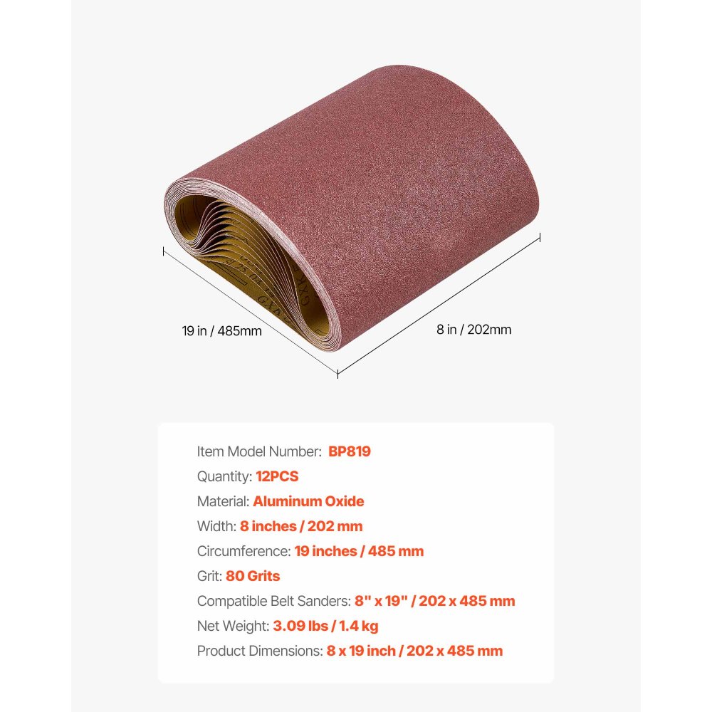 VEVOR Schleifbänder, 202 x 485 mm Schleifpapier für Bandschleifer, 12 Stück 80-Körnung, Gewebe-Schleifband aus Aluminiumoxid, Ideal für Holzbearbeitung, Stahl, Aluminium, Nichteisenmetalle