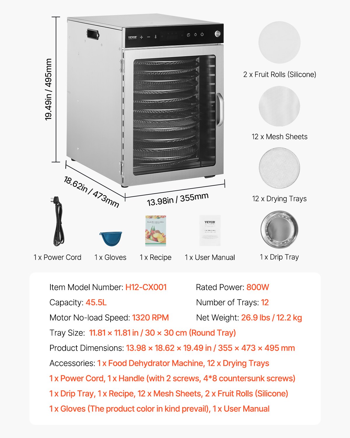 VEVOR Food Dehydrator with 12 Stainless Steel Trays, 800W Electric Food Dehydrator with Adjustable Temperature, Freeze Dryer for Dried Meat, Fruit, Vegetables, Herbs, and Dog Treats