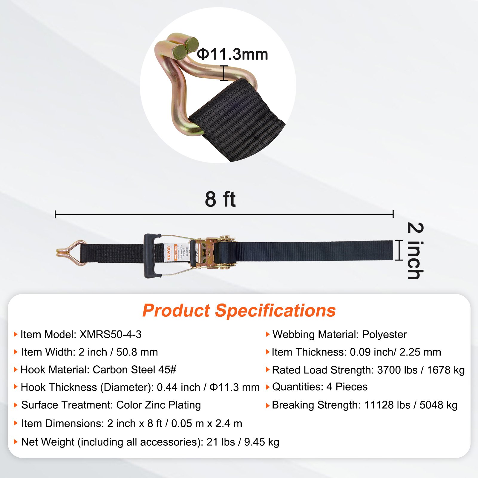 VEVOR 4er-Set Spanngurt 0,05 x 2,4 m Zurrgurt 5048 kg Ratschenzurrgurt Polyester-Gurt und Kohlenstoffstahl-Haken Befestigungsgurt Ratschenspanngurt Ideal für Motorräder Fahrräder Kajaks UTV Boote ATV