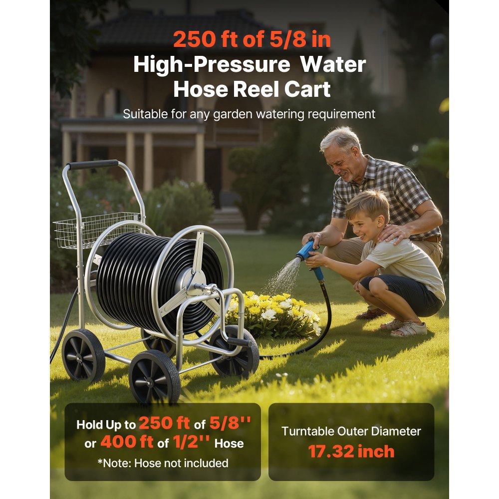 VEVOR Schlauchtrommelwagen, fasst bis zu 76 m x 1,5 cm Schlauch, Garten-Wasserschlauchwagen, mobile Werkzeuge mit 4 Rädern Stahl zum Pflanzen im Freien mit Aufbewahrungskorb, für Garten, Hof, Rasen