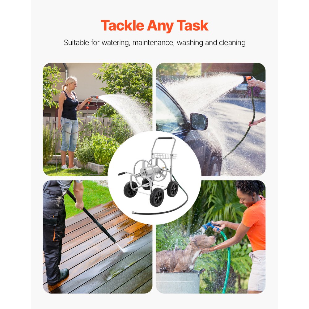 VEVOR Schlauchtrommelwagen, fasst bis zu 76 m x 1,5 cm Schlauch, Garten-Wasserschlauchwagen, mobile Werkzeuge mit 4 Rädern Stahl zum Pflanzen im Freien mit Aufbewahrungskorb, für Garten, Hof, Rasen