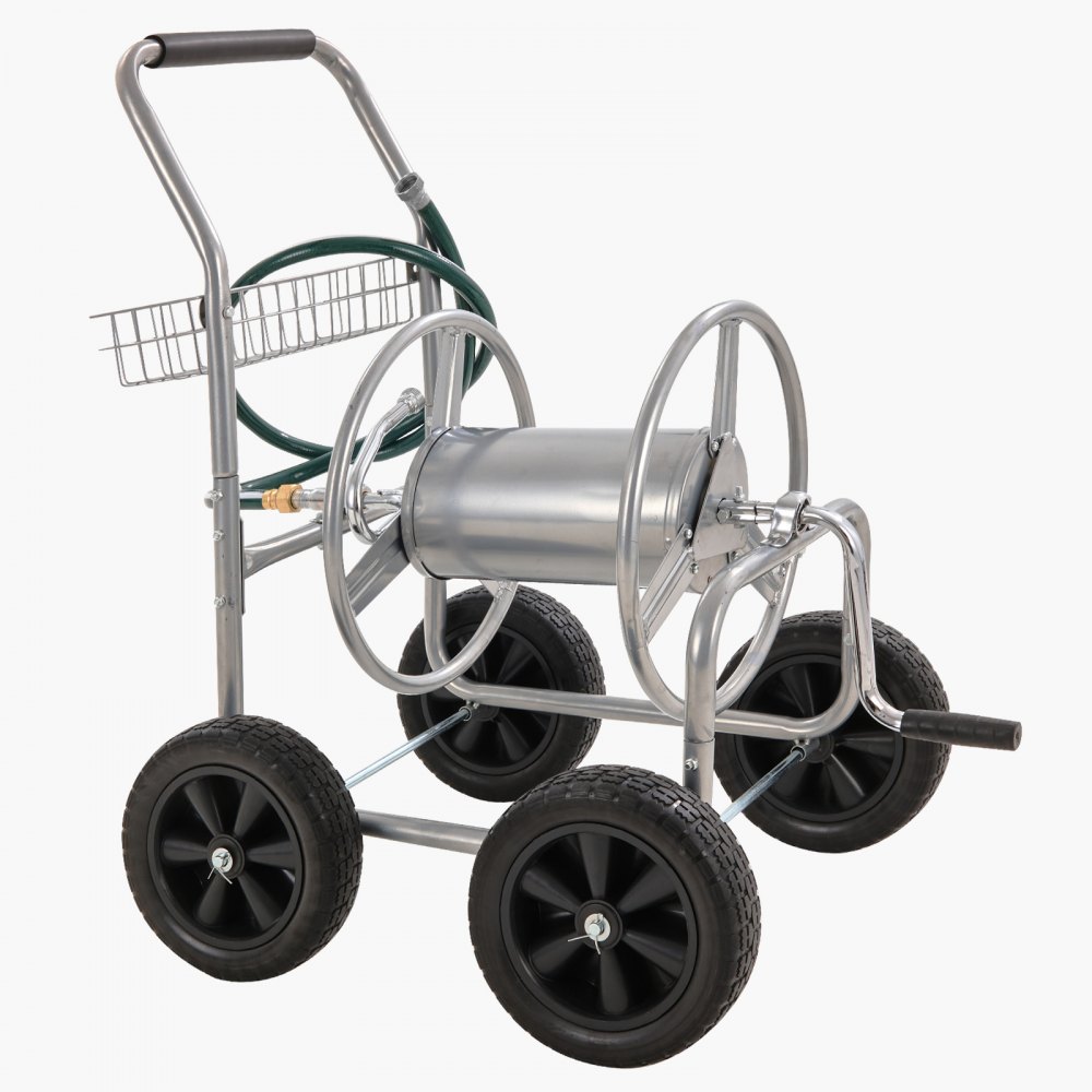 VEVOR Schlauchtrommelwagen, fasst bis zu 76 m x 1,5 cm Schlauch, Garten-Wasserschlauchwagen, mobile Werkzeuge mit 4 Rädern Stahl zum Pflanzen im Freien mit Aufbewahrungskorb, für Garten, Hof, Rasen
